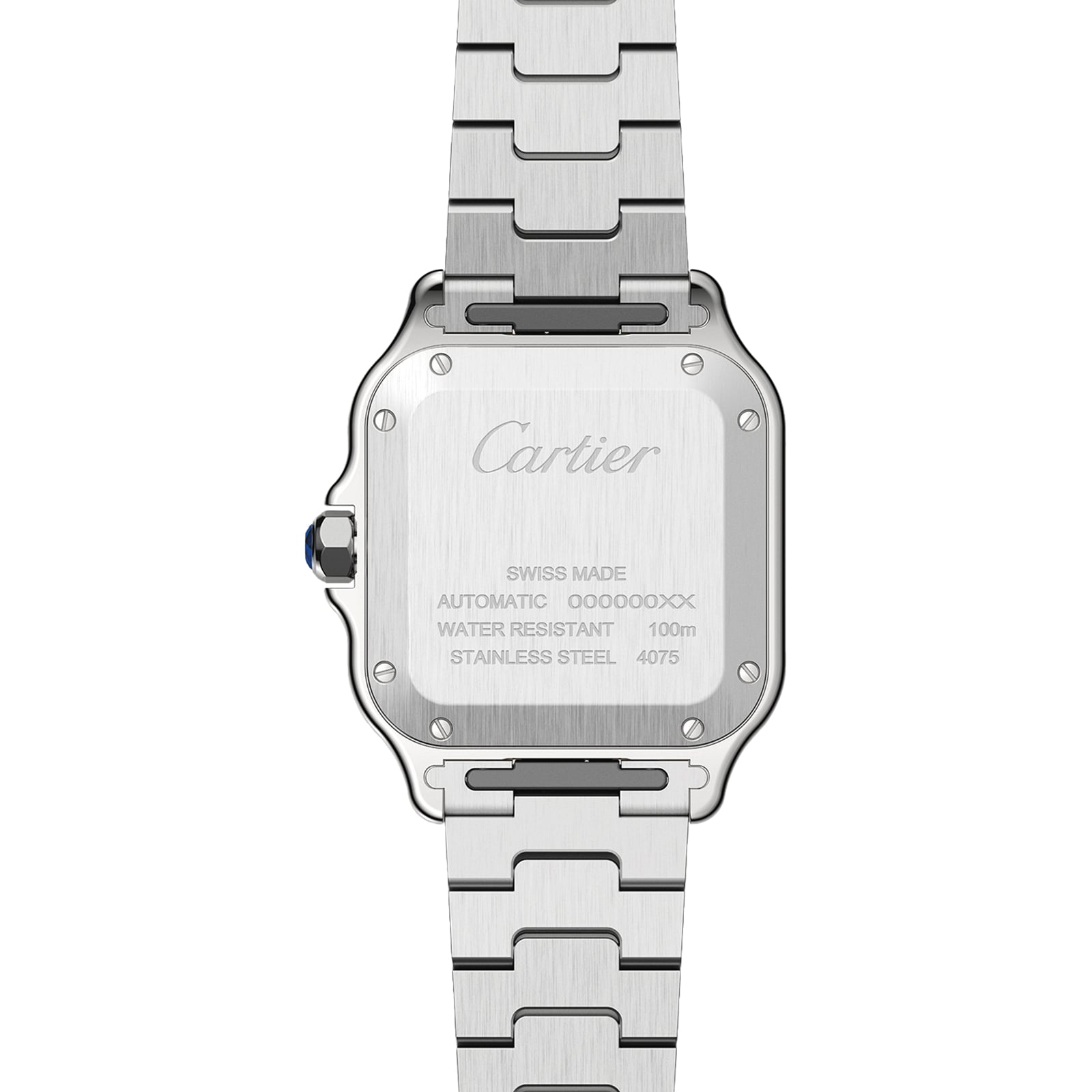 Back view of the Cartier Santos de Cartier stainless steel watch, showing engraved details such as water resistance, Swiss made mark, and a self-winding mechanical movement inspired by aviation innovation.