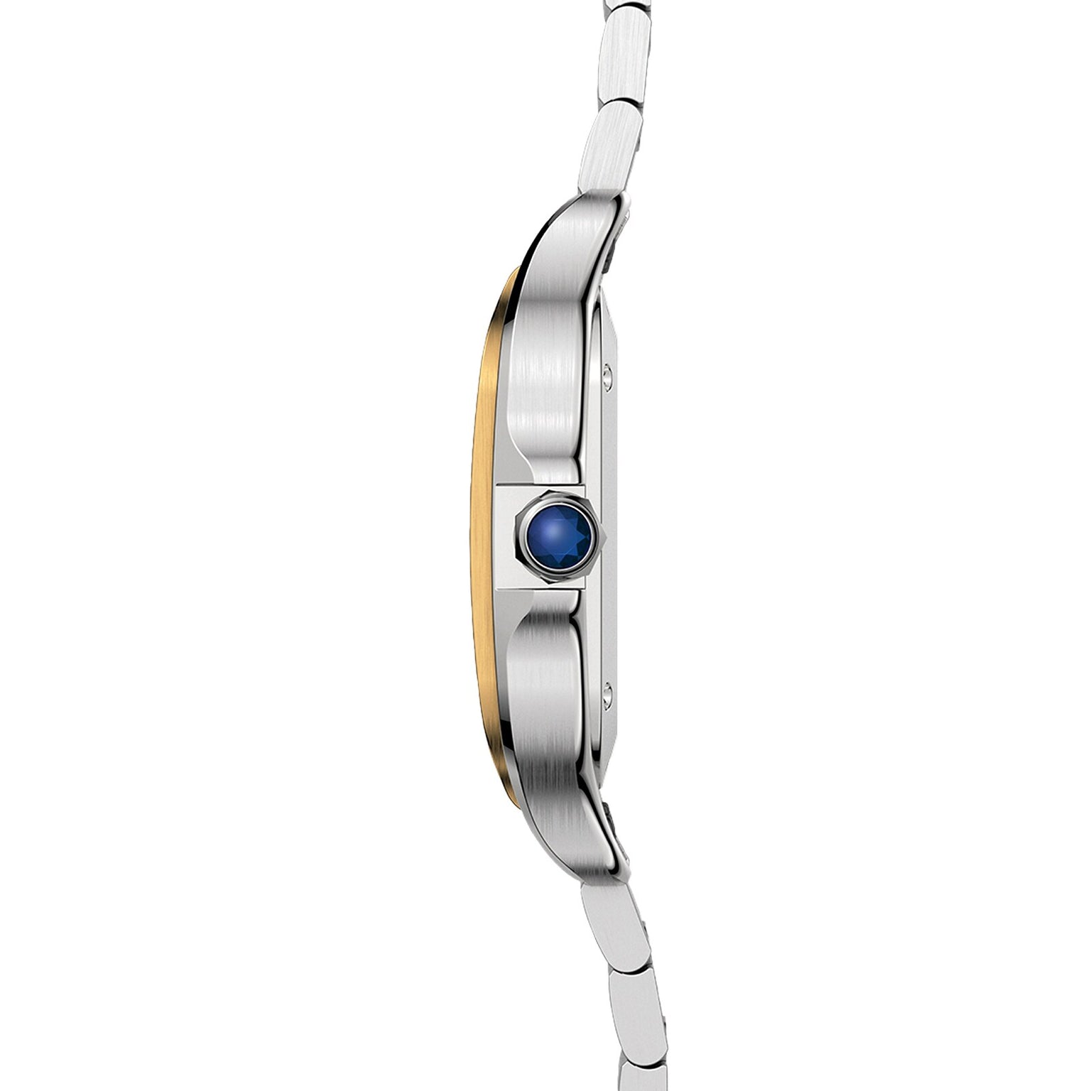 Side view of the Cartier Santos de Cartier wristwatch featuring a silver and gold case, blue crown, two-tone metal bracelet, and self-winding mechanical movement set against a white background.