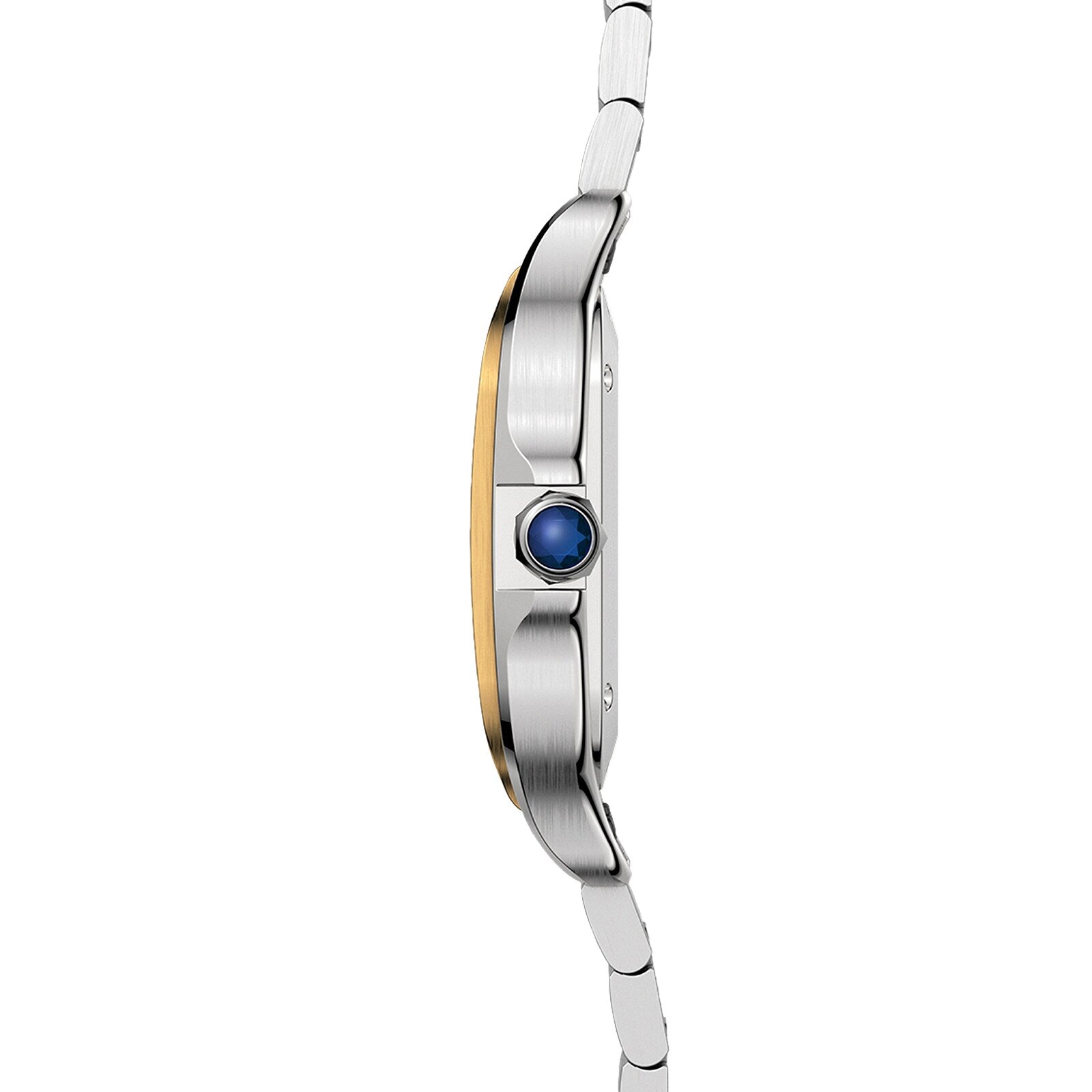 Side view of the Cartier Santos de Cartier wristwatch featuring a silver and gold case, blue crown, two-tone metal bracelet, and self-winding mechanical movement set against a white background.
