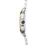 Side view of the Cartier Santos de Cartier wristwatch featuring a silver and gold case, blue crown, two-tone metal bracelet, and self-winding mechanical movement set against a white background.