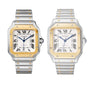 Two Santos de Cartier wristwatches by Cartier, both with square faces, Roman numeral dials, and silver and gold bands, are displayed side by side; the left watch is sharp, while the right one is blurred.