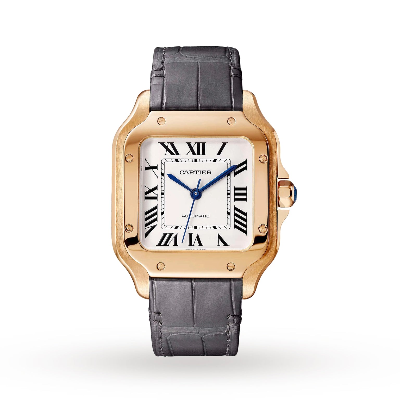 The Santos de Cartier watch by Cartier features an 18K rose gold square case, Roman numeral hour markers, blue hands, and a black leather strap, shown against a white background.