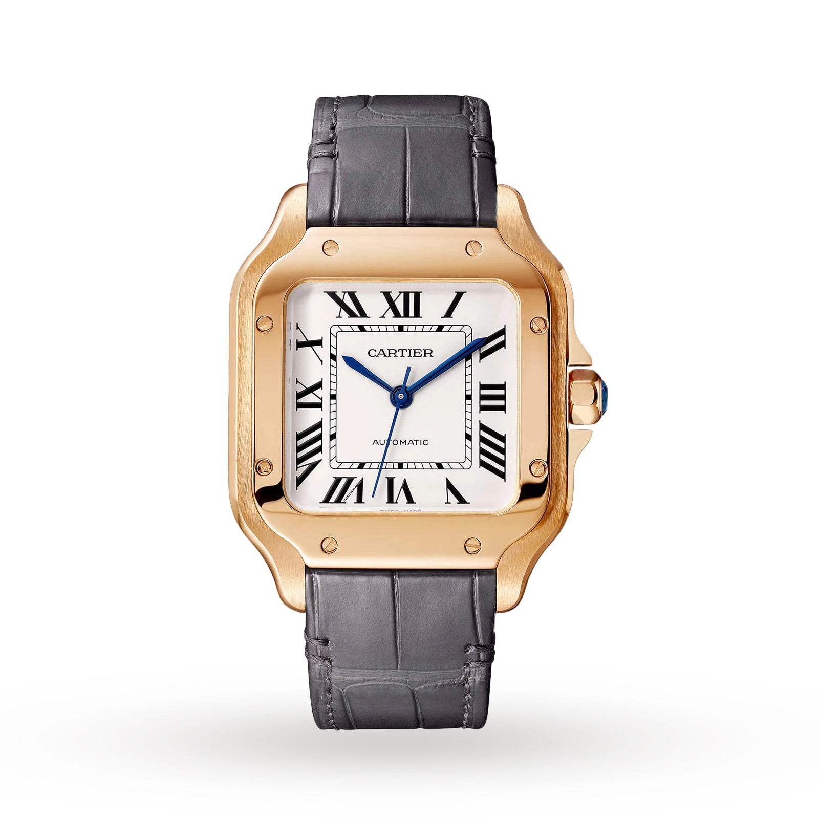 The Santos de Cartier watch by Cartier features an 18K rose gold square case, Roman numeral hour markers, blue hands, and a black leather strap, shown against a white background.