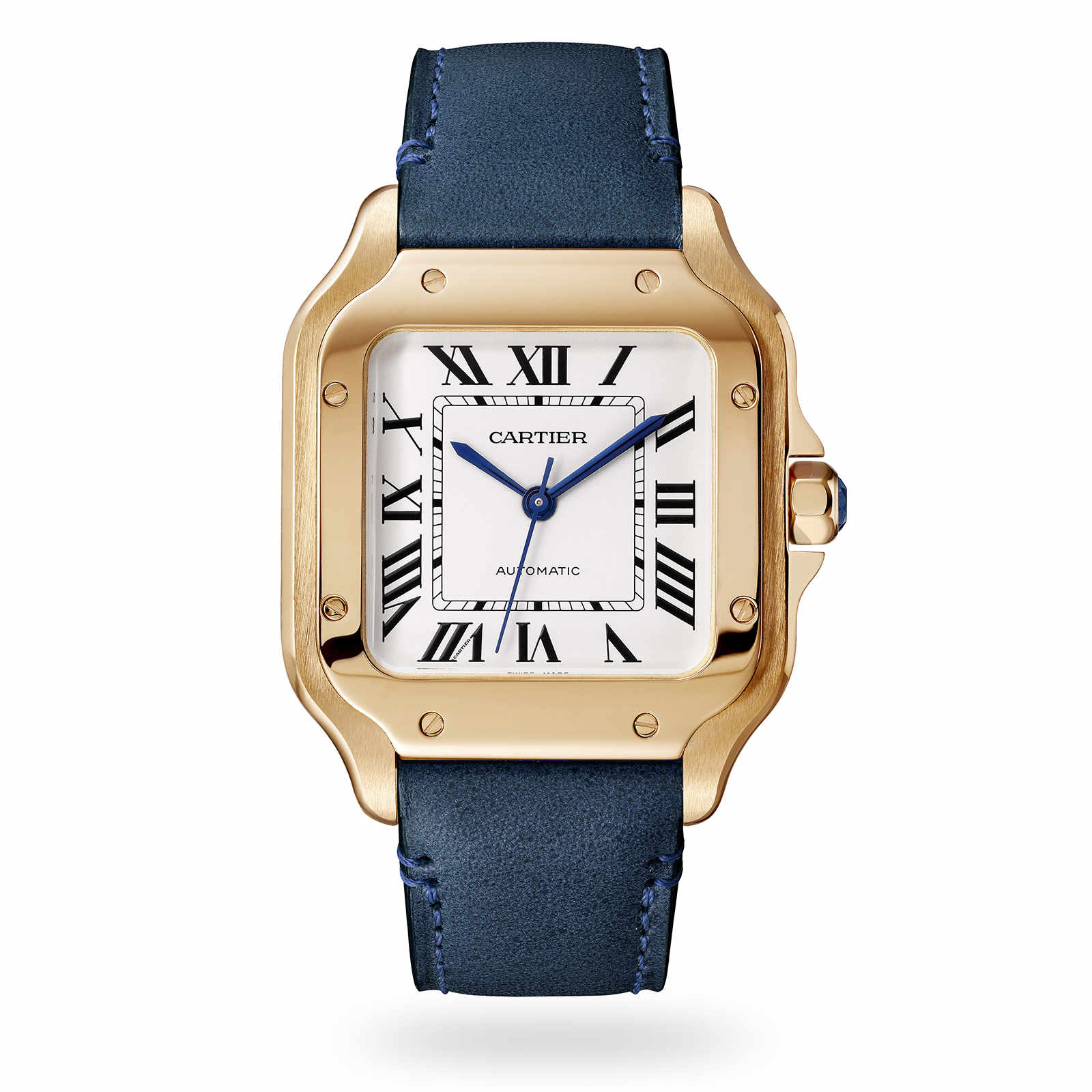 The Santos de Cartier by Cartier is a luxurious watch featuring a square white dial with Roman numerals, blue hands, and a blue leather strap in 18K rose gold.