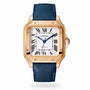 The Santos de Cartier by Cartier is a luxurious watch featuring a square white dial with Roman numerals, blue hands, and a blue leather strap in 18K rose gold.