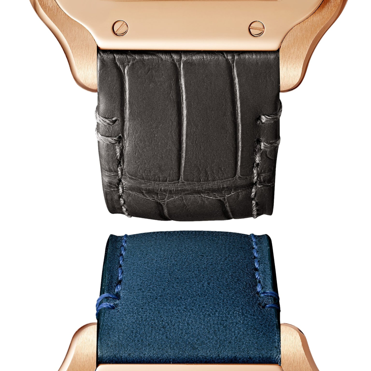 Close-up of the ends of two Santos de Cartier watch straps by Cartier: one in black leather with a crocodile pattern and another in blue leather with matching blue stitching.