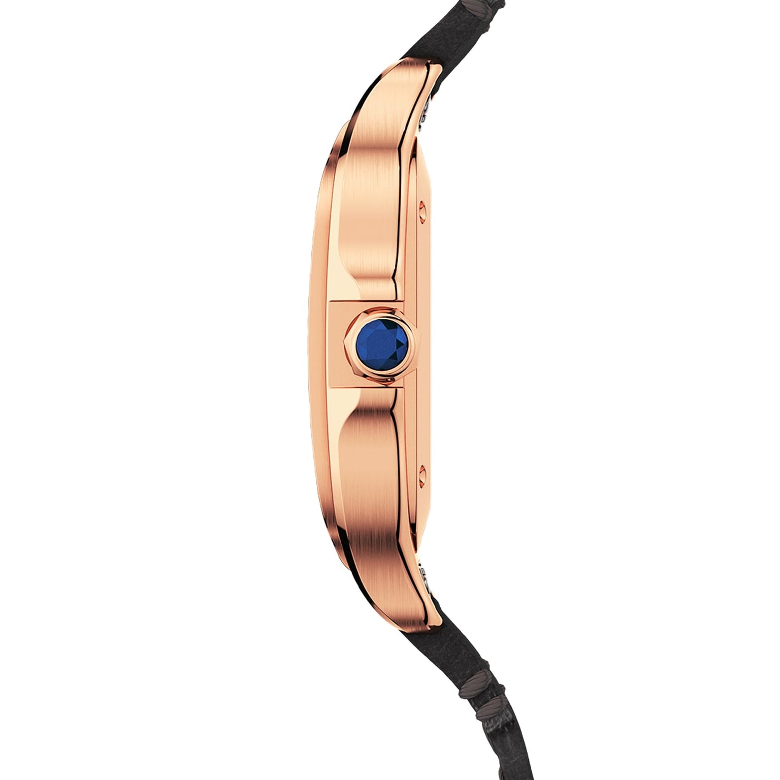 Side view of the Santos de Cartier watch case by Cartier in 18K rose gold, featuring a blue crown and black leather strap, photographed against a white background.