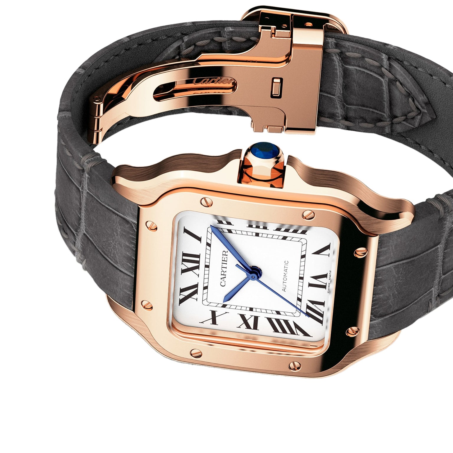 The Santos de Cartier by Cartier features a square 18K rose gold case, white dial with Roman numerals, blue cabochon crown, black leather strap with gold deployment clasp, and precise automatic movement.