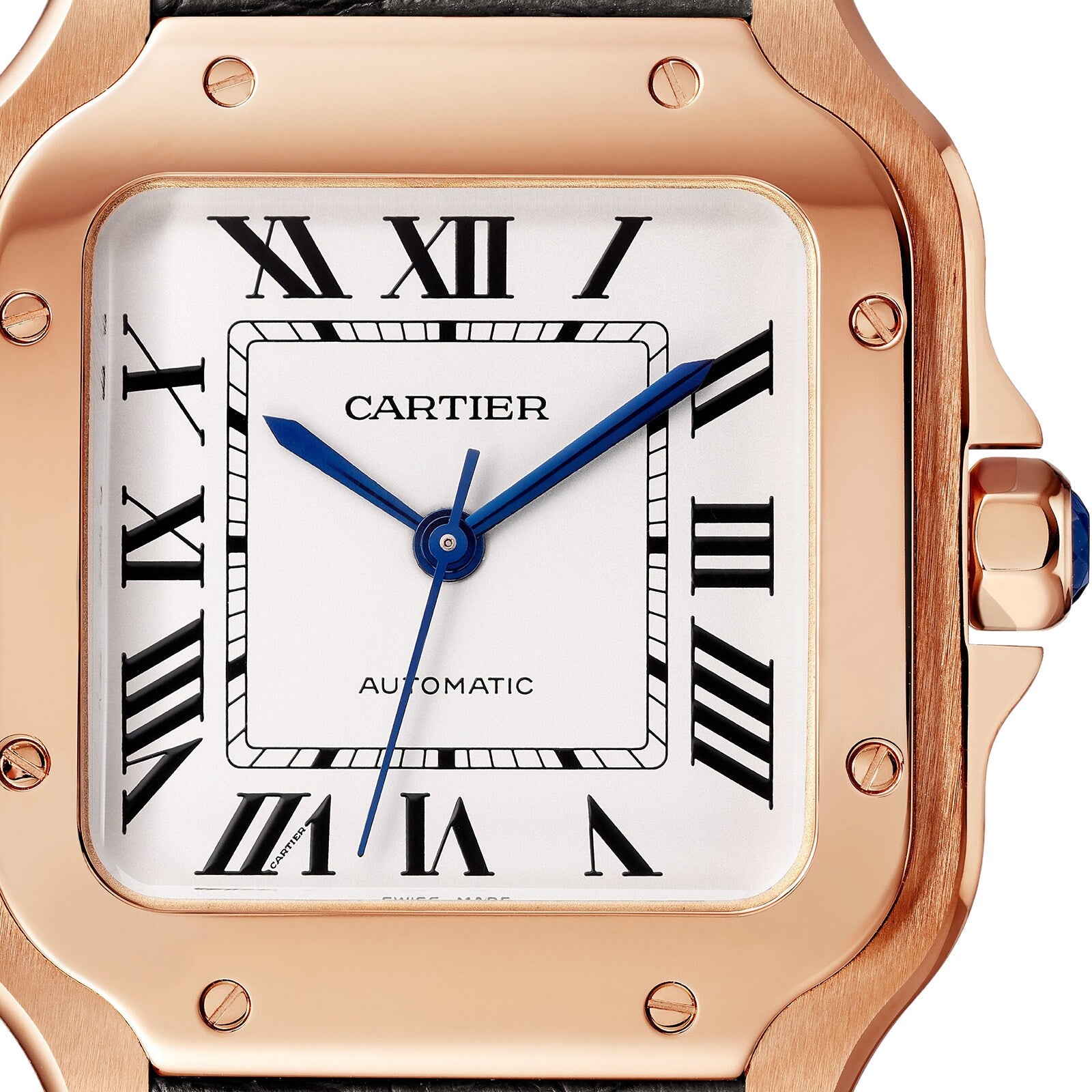 Close-up of a Santos de Cartier watch face with Roman numerals, blue hands, and an 18K rose gold case by Cartier, displaying the time 10:08.