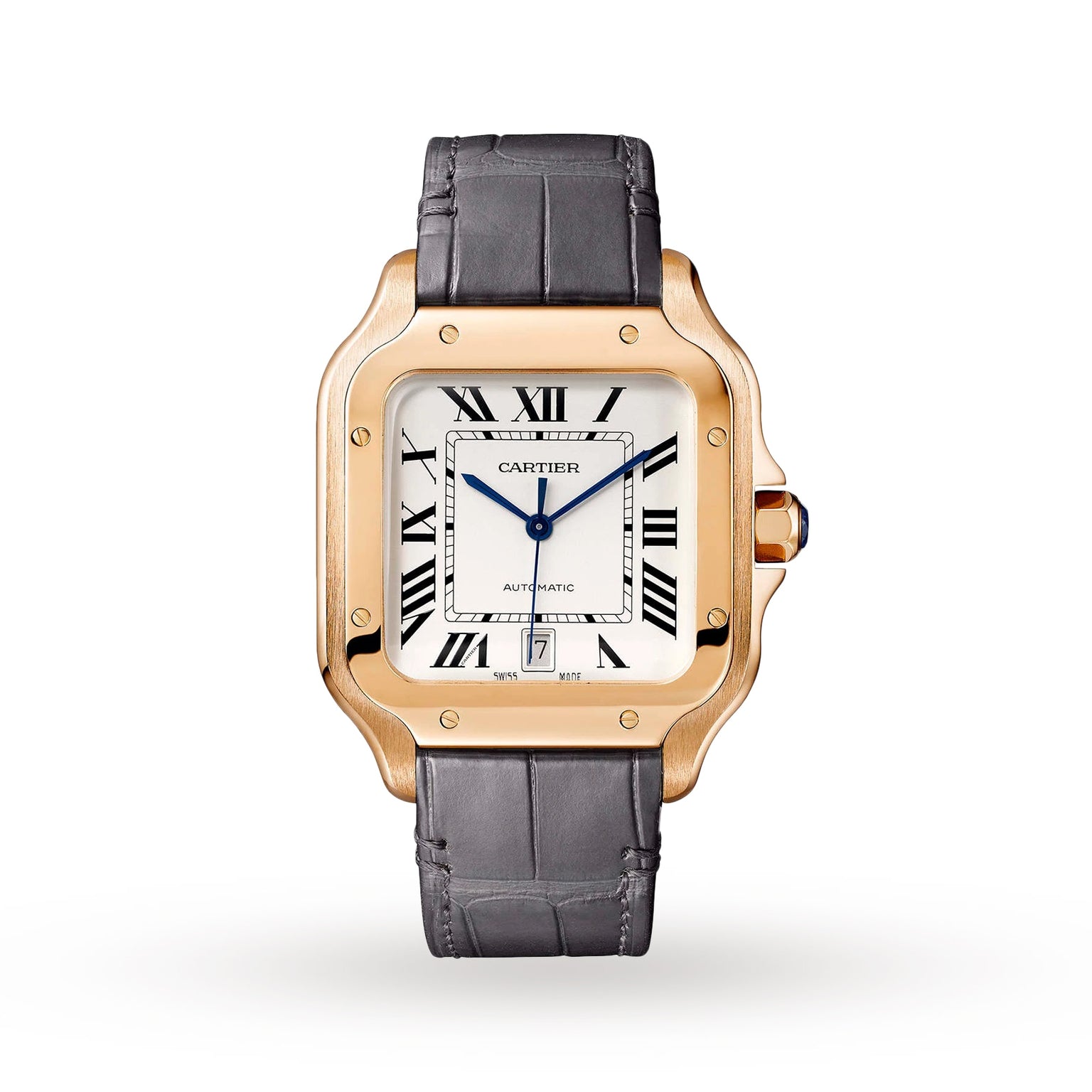 The Santos de Cartier by Cartier showcases a square 18K rose gold case, white dial with black Roman numerals, date at 6 o’clock, black leather strap, and runs on the calibre 1847 MC.