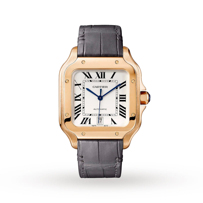 The Santos de Cartier by Cartier showcases a square 18K rose gold case, white dial with black Roman numerals, date at 6 o’clock, black leather strap, and runs on the calibre 1847 MC.
