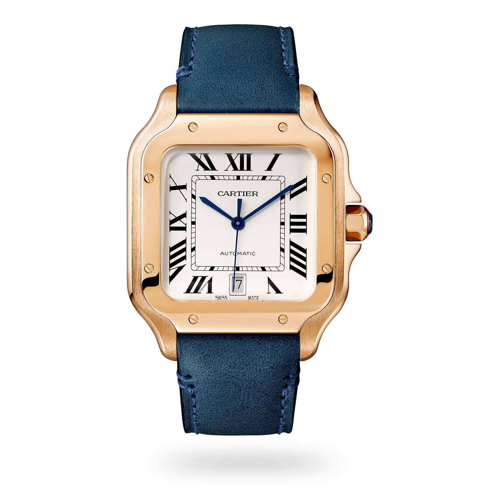 The Santos de Cartier by Cartier features an 18K rose gold case, square white dial with black Roman numerals, blue hands, calibre 1847 MC movement, date at 6 o’clock, and a blue leather strap.