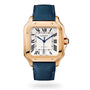 The Santos de Cartier by Cartier features an 18K rose gold case, square white dial with black Roman numerals, blue hands, calibre 1847 MC movement, date at 6 o’clock, and a blue leather strap.
