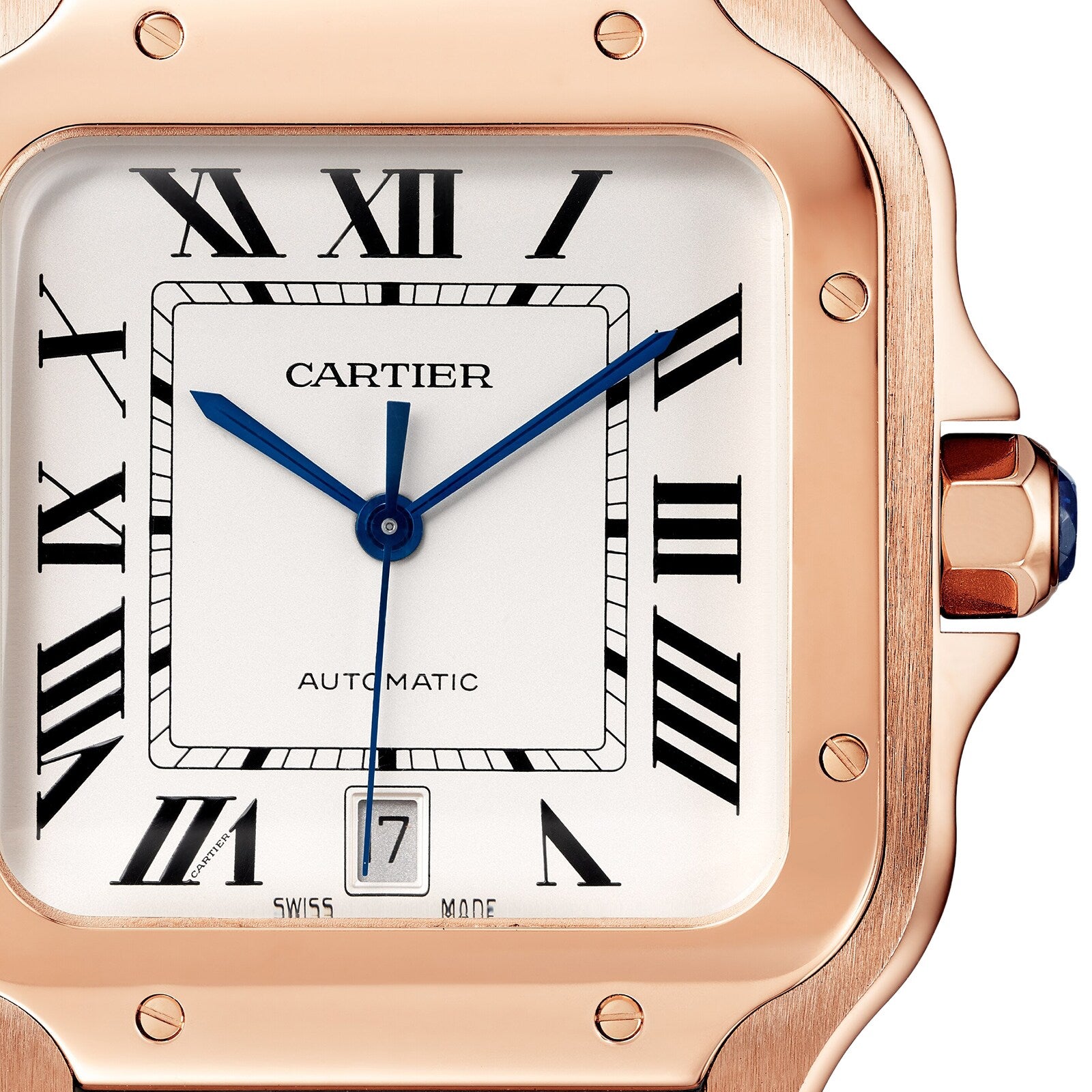 Close-up of the Cartier Santos de Cartier watch face featuring Roman numerals, blue hands, a 6 o’clock date window, and an 18K rose gold case with the calibre 1847 MC movement.
