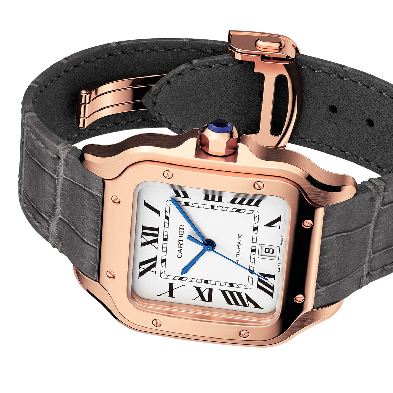 The Santos de Cartier by Cartier features a square 18K rose gold case, white dial with black Roman numerals, blue hands, date display, calibre 1847 MC movement, and a black leather strap with matching rose gold buckle.