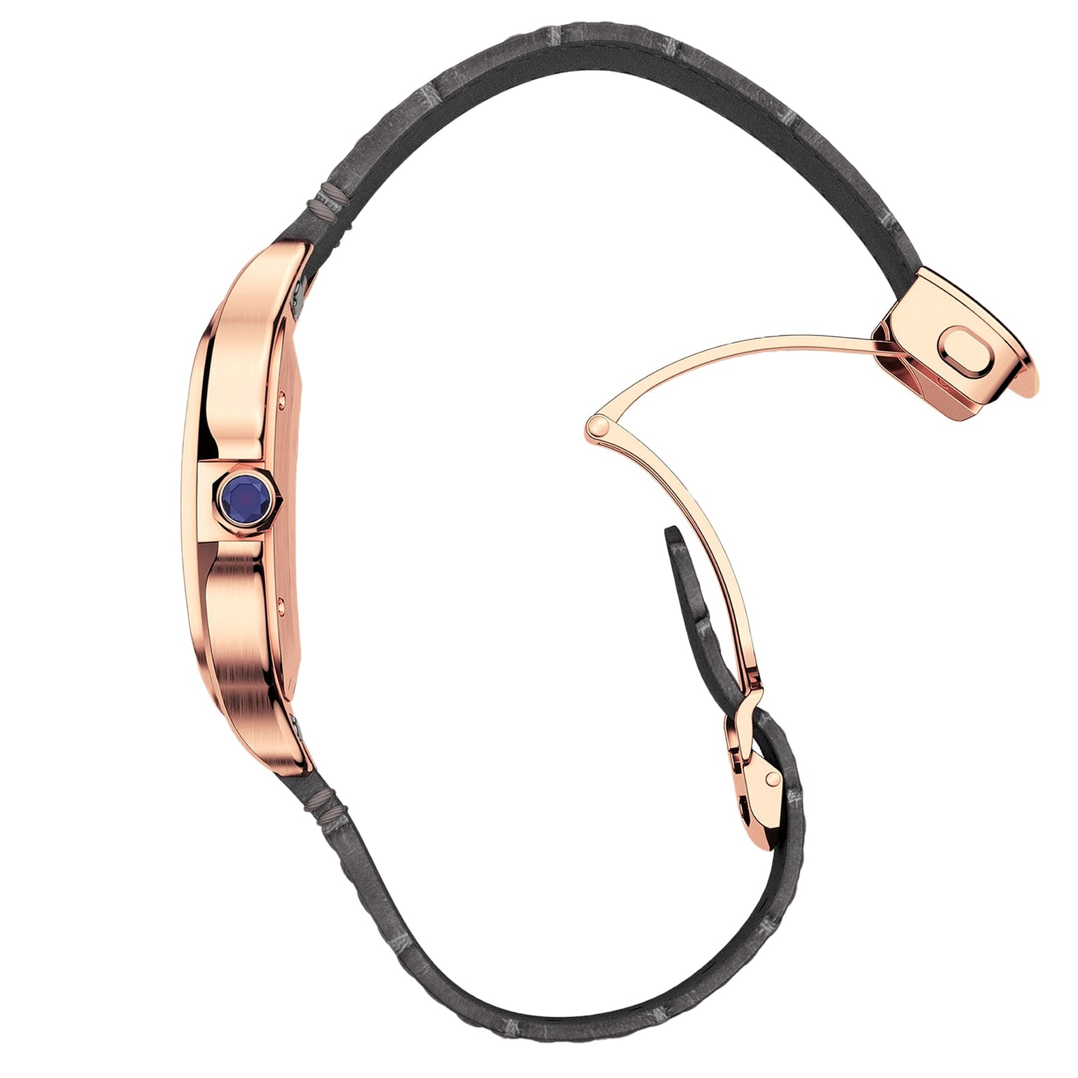 Side view of the Santos de Cartier by Cartier in 18K rose gold, featuring a black leather strap, blue crown, open clasp, and calibre 1847 MC.