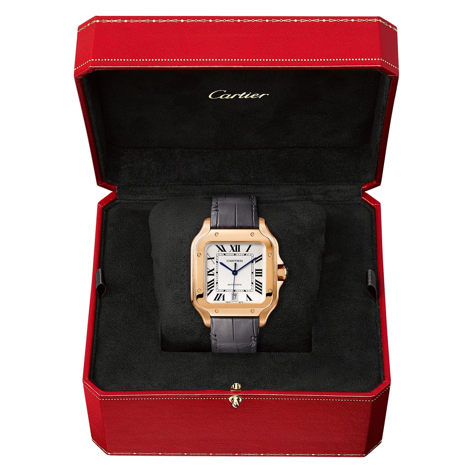 A Cartier Santos de Cartier wristwatch featuring a square face and black leather band in 18K rose gold, presented in an open red Cartier box with black velvet lining.