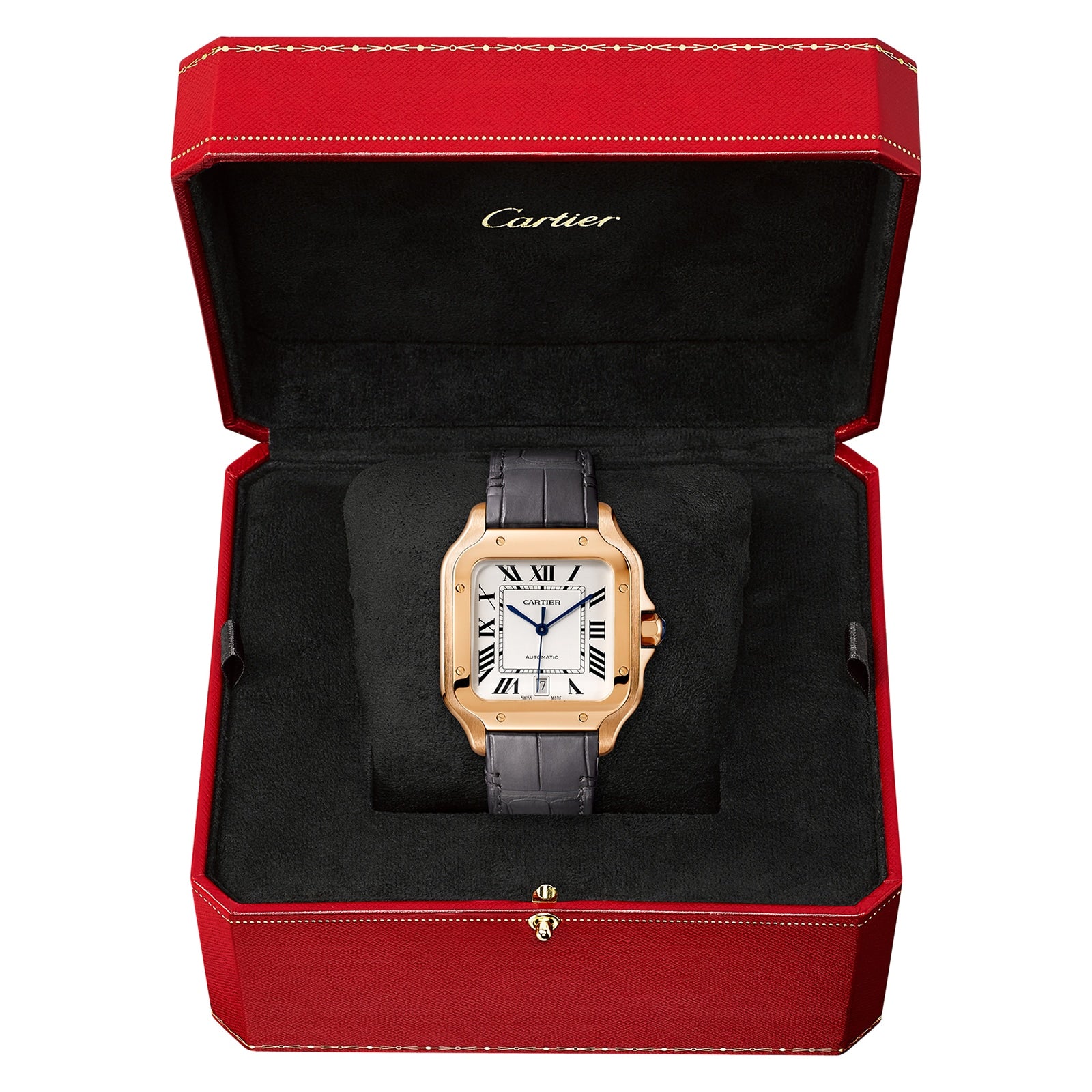 A Cartier Santos de Cartier wristwatch featuring a square face and black leather band in 18K rose gold, presented in an open red Cartier box with black velvet lining.