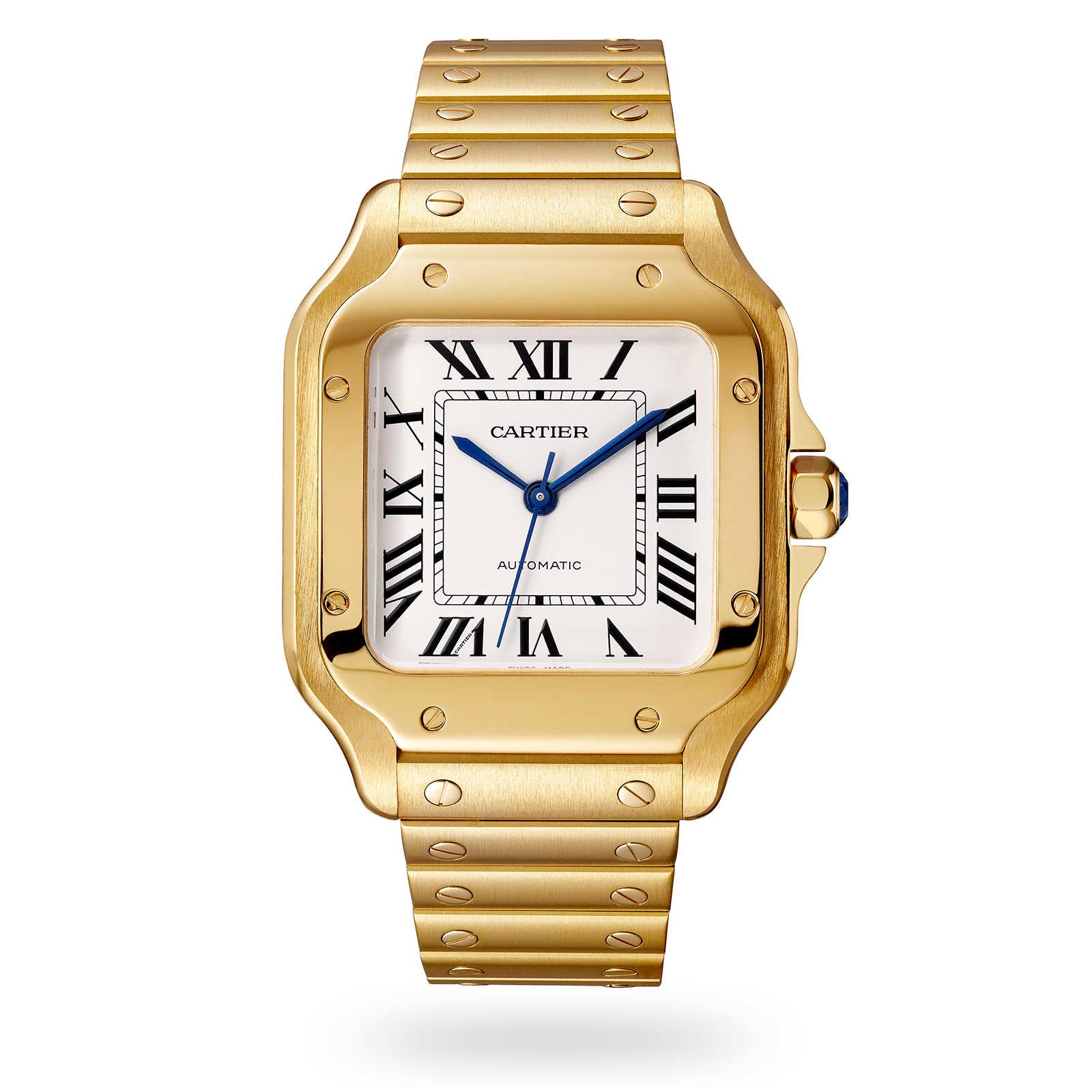 The Santos de Cartier by Cartier is an 18K yellow gold watch with a square face, Roman numerals, blue hands, and a classic metal link bracelet.
