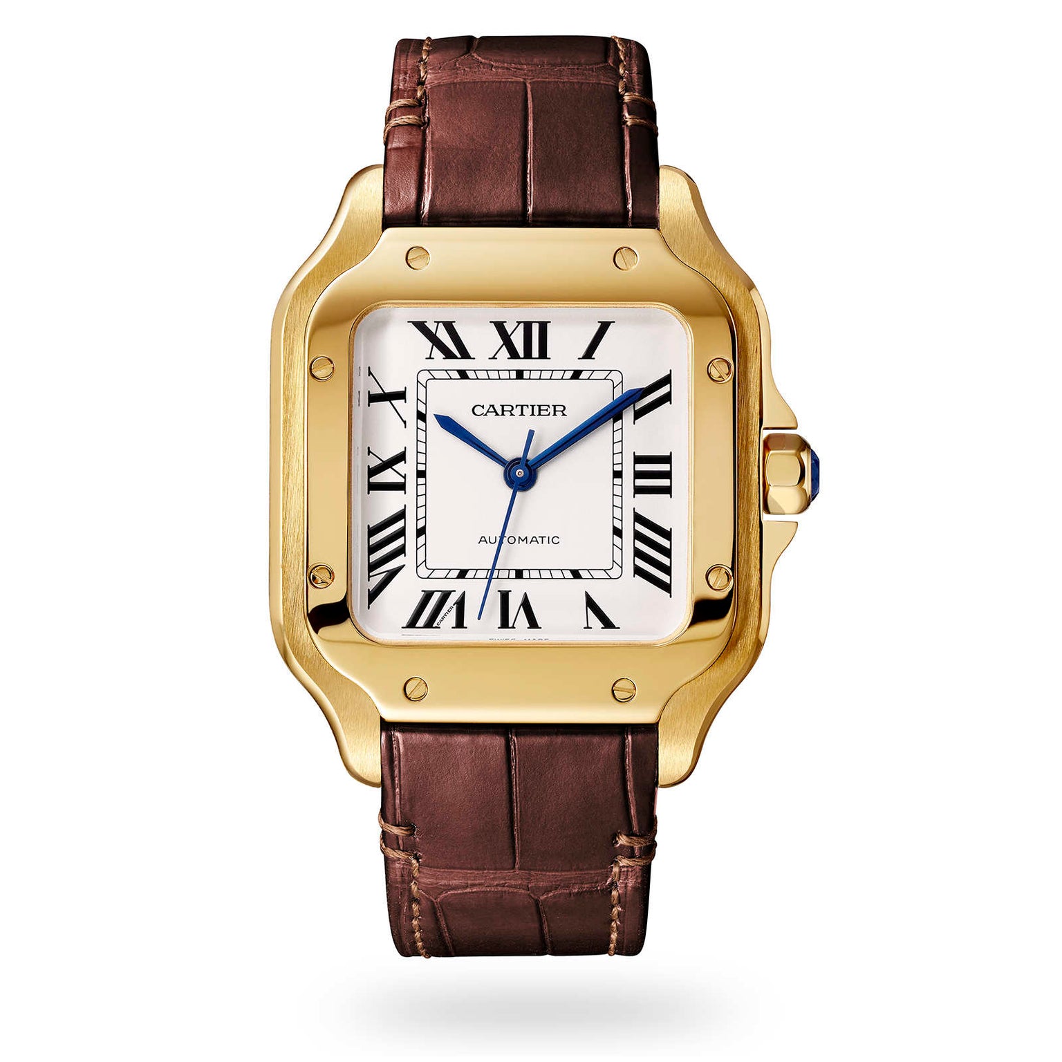 The Santos de Cartier watch by Cartier features an 18K yellow gold square case, white dial with Roman numerals, blue hands, and a brown leather strap.