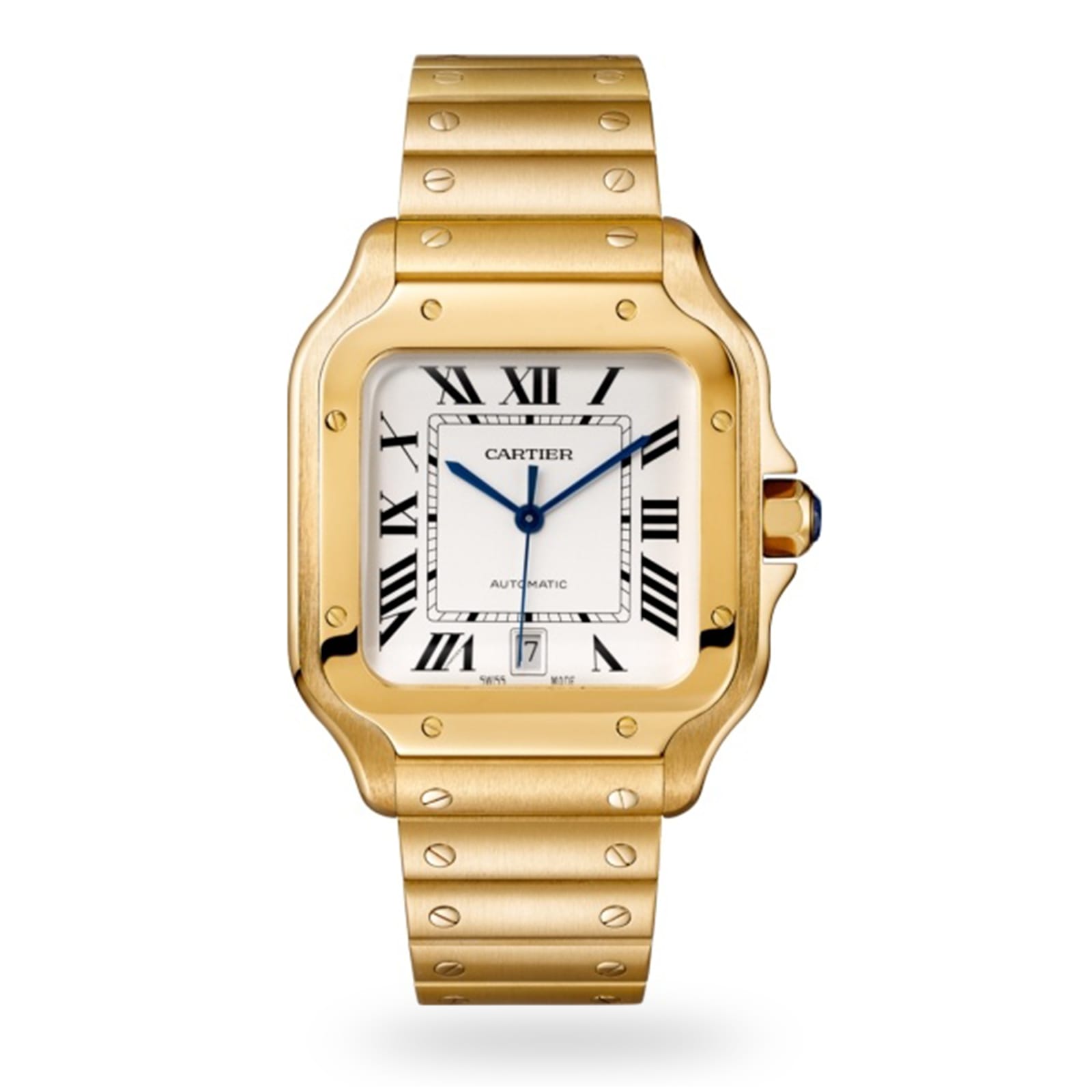 The Cartier Santos de Cartier wristwatch in 18K yellow gold features a square white dial with black Roman numerals, blue hands, a date window at 6 o’clock, and a matching gold bracelet—a tribute to aviation innovation.