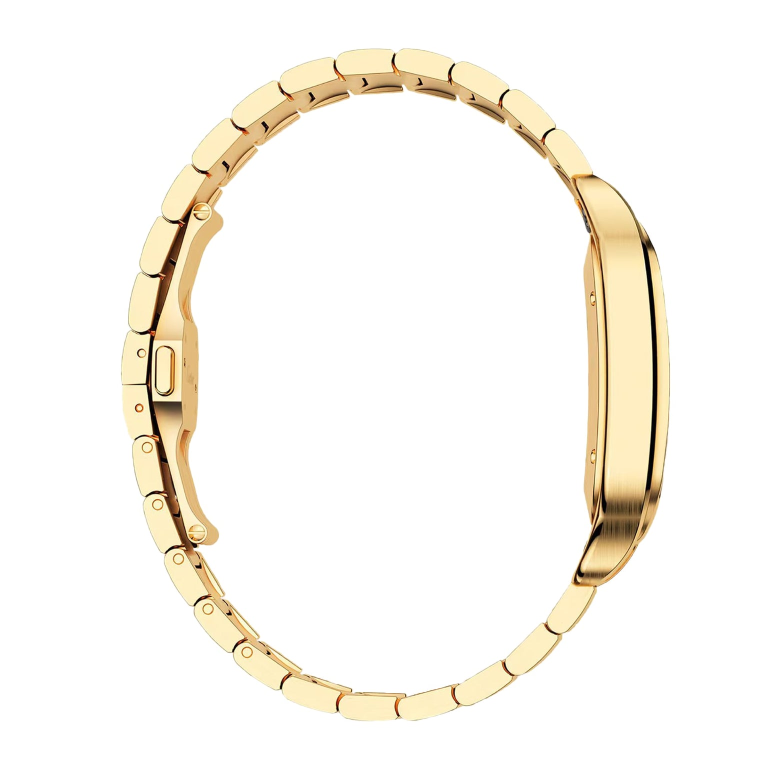 The Cartier Santos de Cartier is an 18K yellow gold wristwatch with a metal link band, showcasing its slim profile and clasp—a timeless design inspired by aviation innovation.