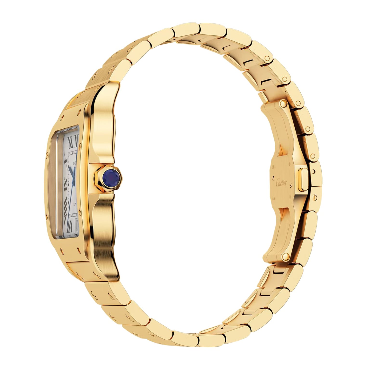 Side view of the Santos de Cartier by Cartier, featuring a rectangular face, Roman numerals, blue gemstone crown, and crafted in 18K yellow gold—a luxurious tribute to aviation heritage.