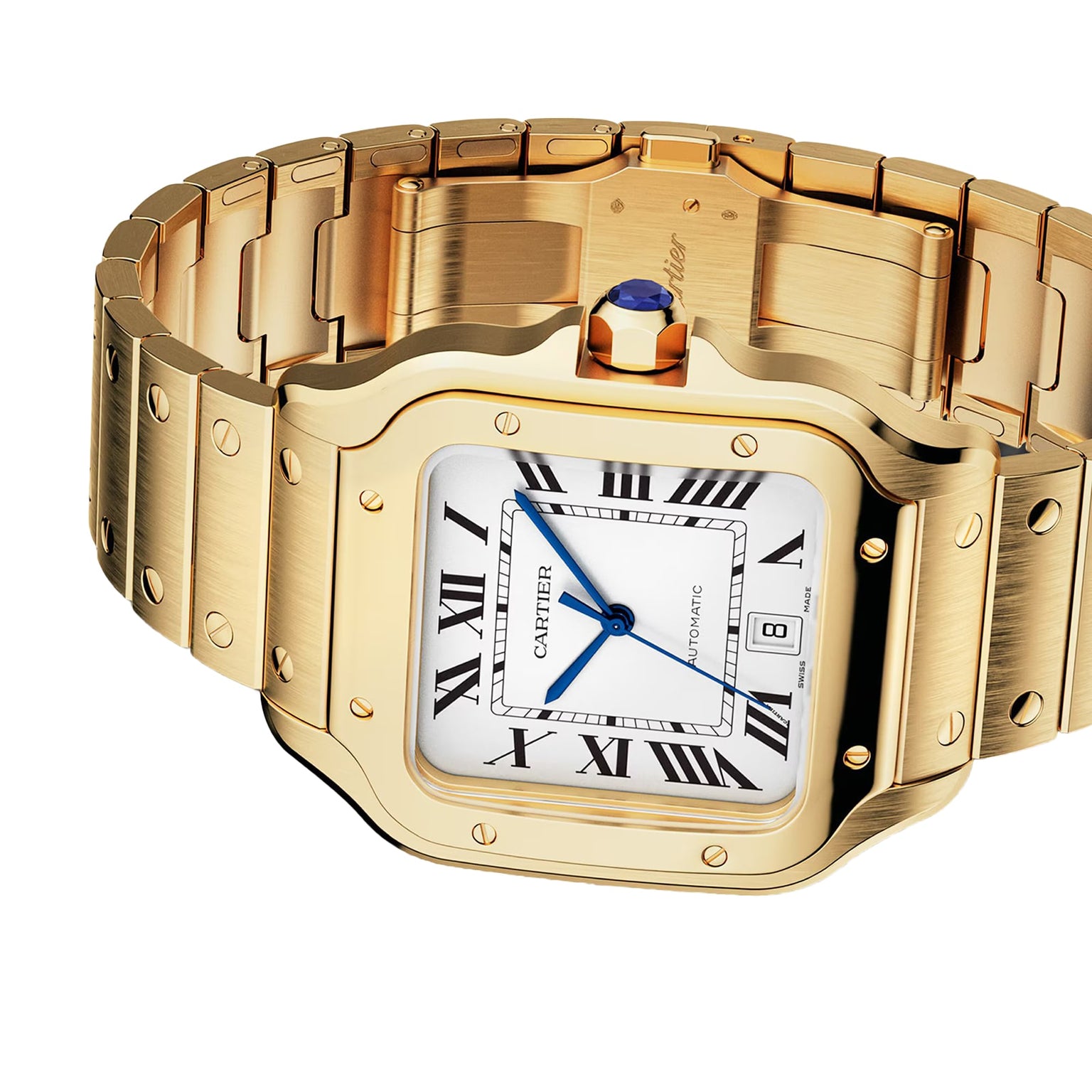 The Cartier Santos de Cartier features a square face, Roman numerals, blue hands, date window, and a metal link bracelet in 18K yellow gold—an iconic watch inspired by aviation pioneer Alberto Santos-Dumont.
