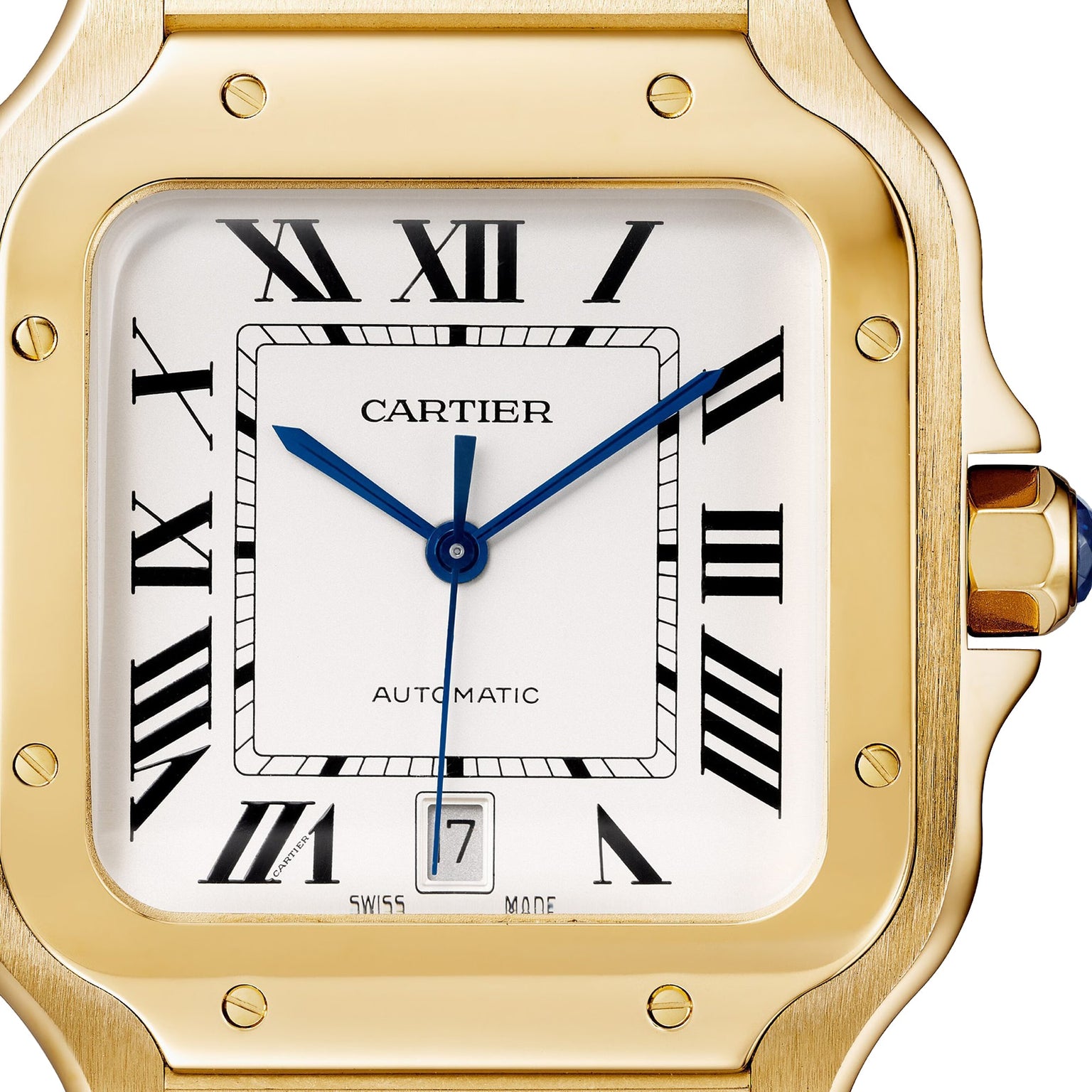 Close-up of the Santos de Cartier by Cartier, showcasing its 18K yellow gold case, Roman numeral markers, blue hands, and a date window at 6 o’clock—a classic timepiece inspired by aviation heritage.