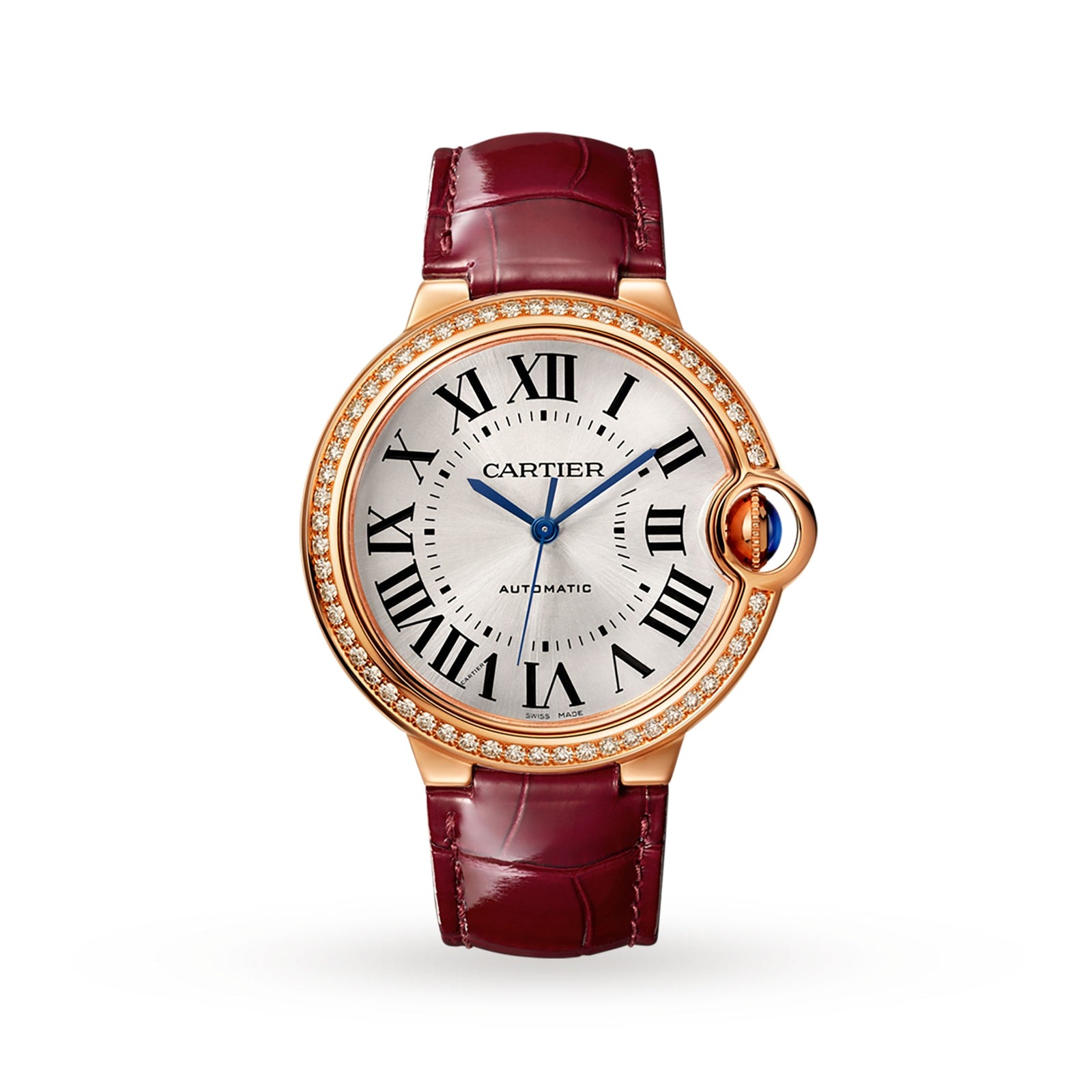 The Ballon Bleu de Cartier by Cartier features a round gold case, diamond bezel, Roman numerals, blue hands, and a vibrant red leather strap.