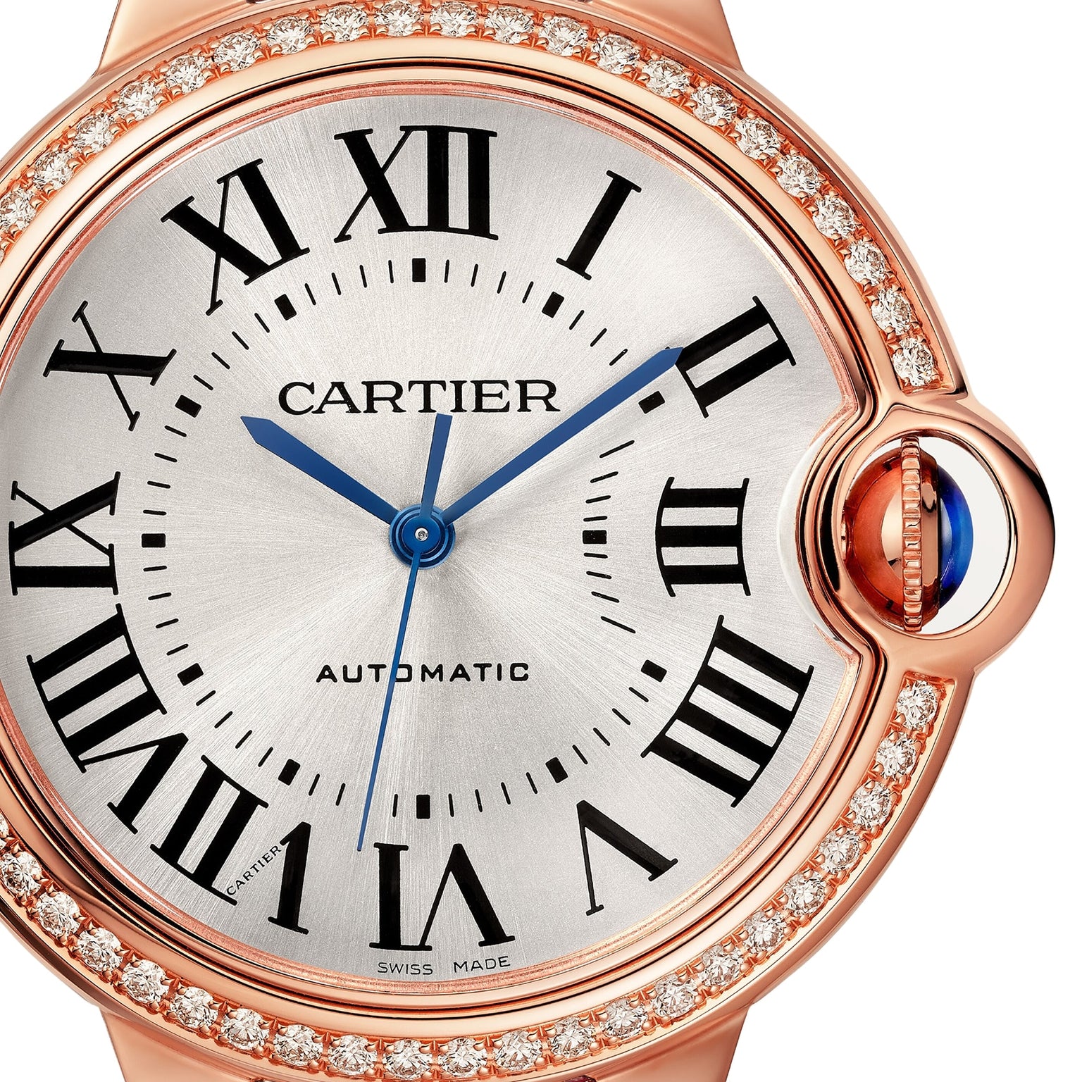 Close-up of the Ballon Bleu de Cartier watch by Cartier, featuring Roman numerals, blue hands, and a diamond bezel.
