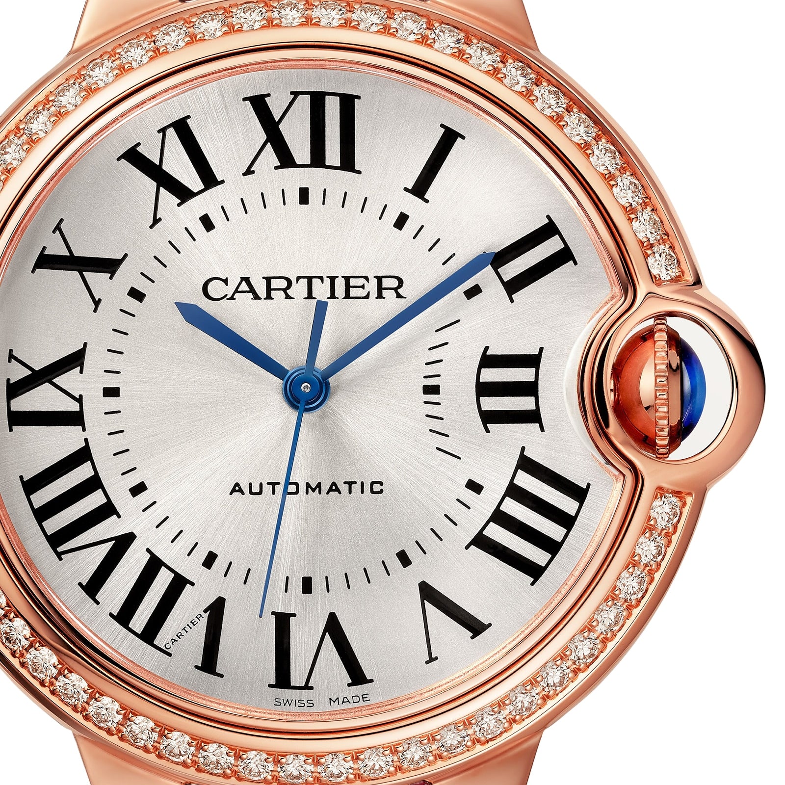 Close-up of the Ballon Bleu de Cartier watch by Cartier, featuring Roman numerals, blue hands, and a diamond bezel.