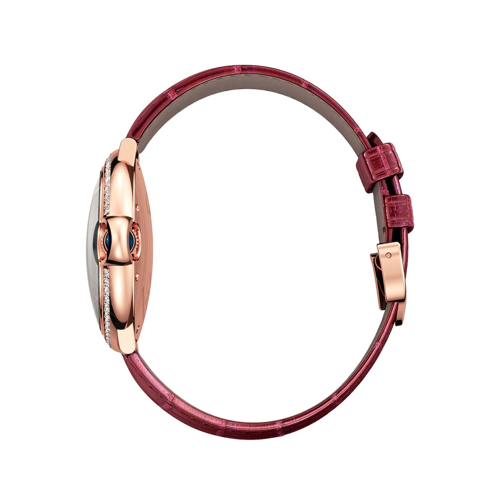 The Ballon Bleu de Cartier by Cartier features a slim rose gold case, diamond accents on one side, Roman numerals, and a burgundy leather strap, shown from the side.