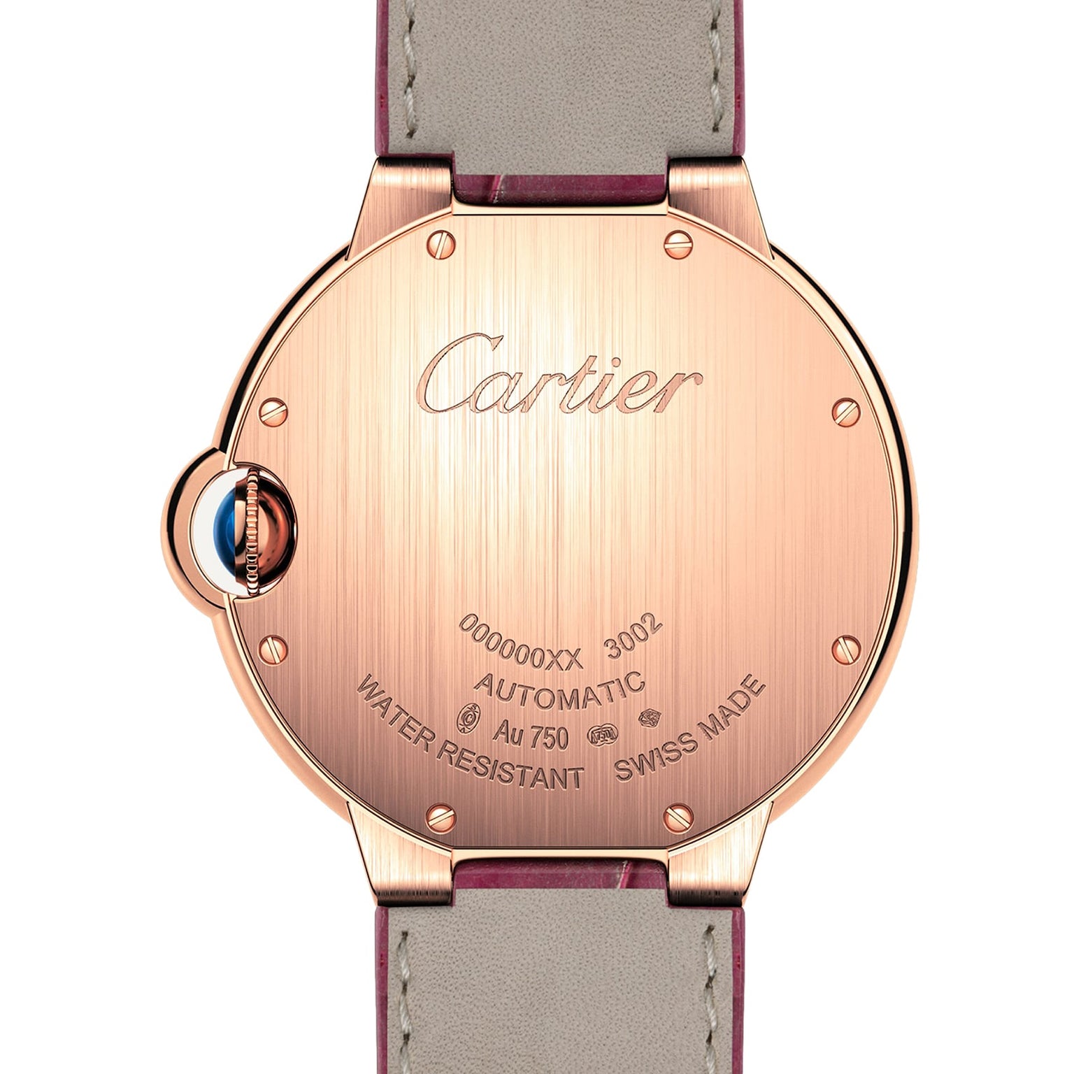 Back view of the Ballon Bleu de Cartier watch by Cartier, showing its engraved case with branding, serial number, material details, water resistance info, and signature Roman numerals.