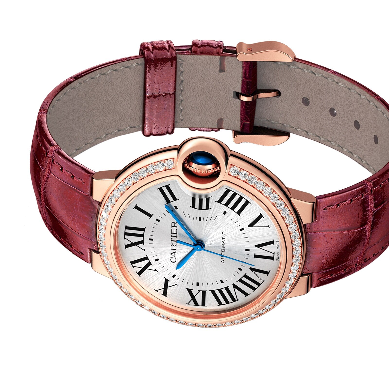 The Ballon Bleu de Cartier by Cartier features a round rose gold case, diamond bezel, white dial with Roman numerals, blue hands, and a burgundy leather strap.