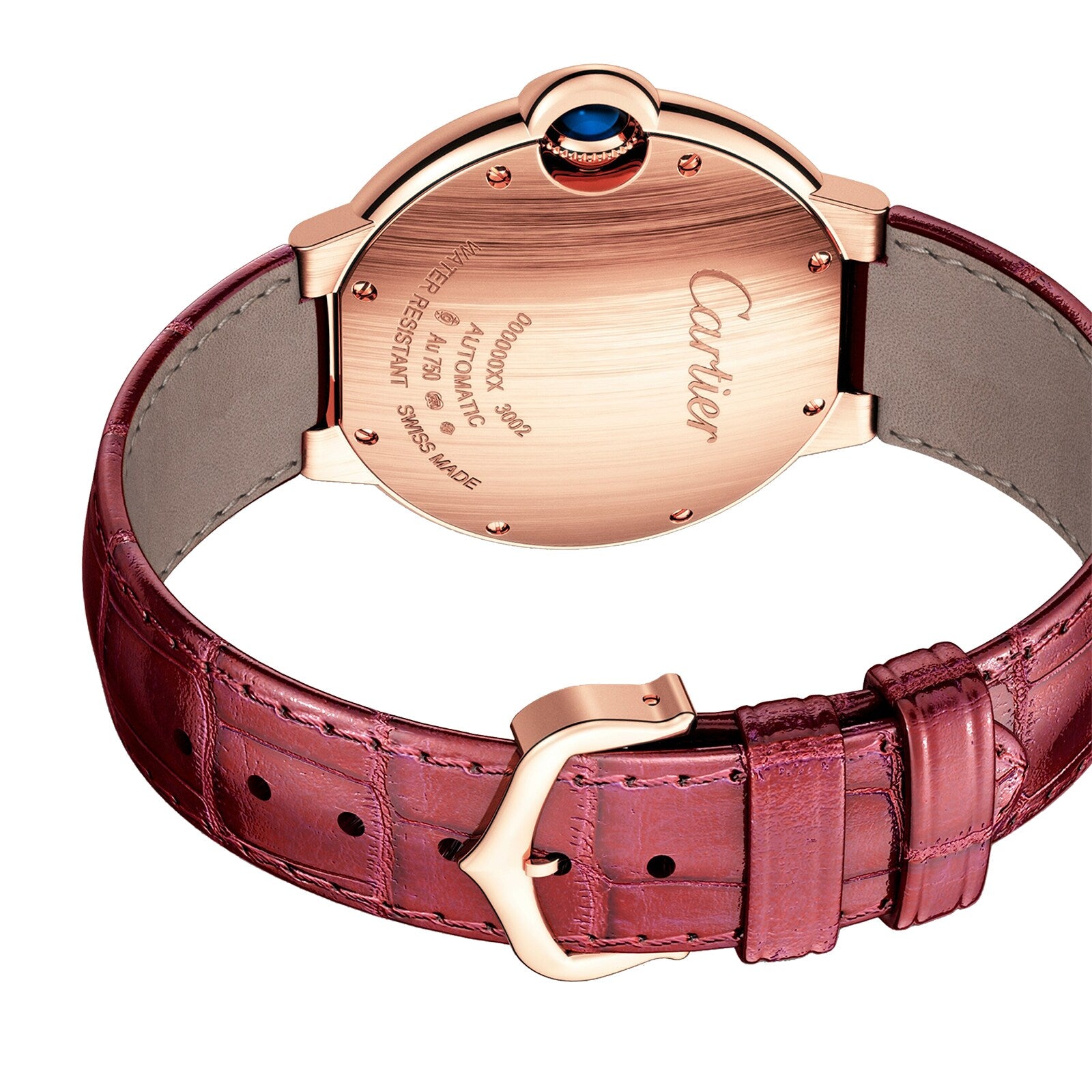The back view of the Cartier Ballon Bleu de Cartier features a rose gold case, engraved markings, and a burgundy leather strap with gold buckle, reflecting the collection’s refined elegance and signature Roman numerals.