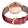 The back view of the Cartier Ballon Bleu de Cartier features a rose gold case, engraved markings, and a burgundy leather strap with gold buckle, reflecting the collection’s refined elegance and signature Roman numerals.