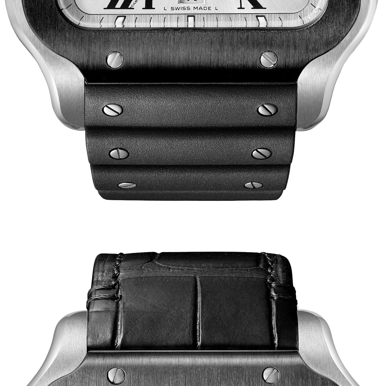 Close-up of a Santos de Cartier Chronograph case by Cartier, showing a black rubber strap above and a black leather strap below, each attached with visible screws.