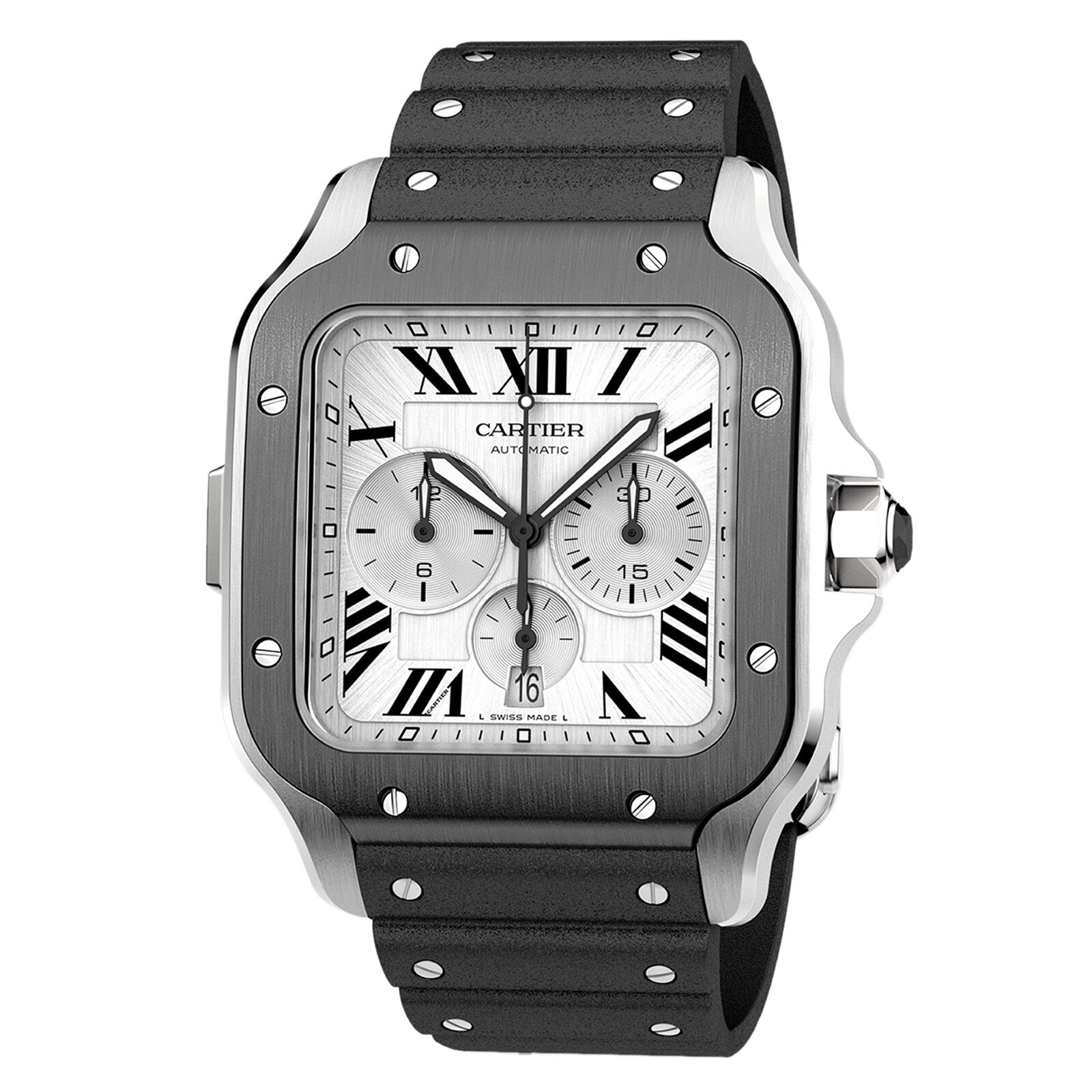 The Santos de Cartier Chronograph by Cartier features a square silver case, black bezel screws, white Roman numeral dial, chronograph subdials, date display, and a black rubber strap with chronograph mechanical movement.