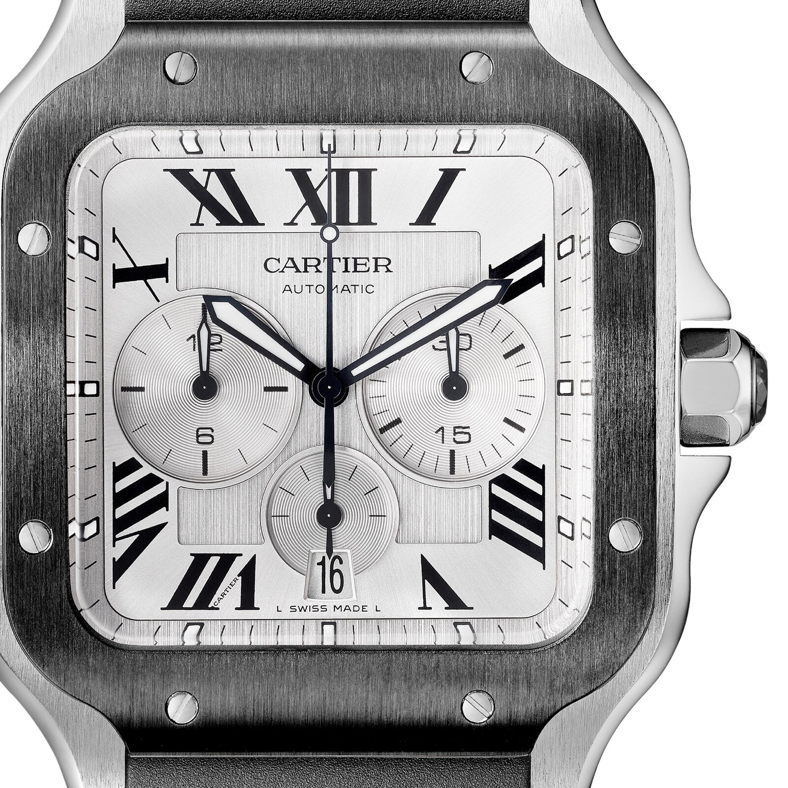 Close-up of the Santos de Cartier Chronograph watch face featuring Roman numerals, three subdials, black hands, and a date window at 6 o’clock in a square stainless steel case with chronograph mechanical movement.