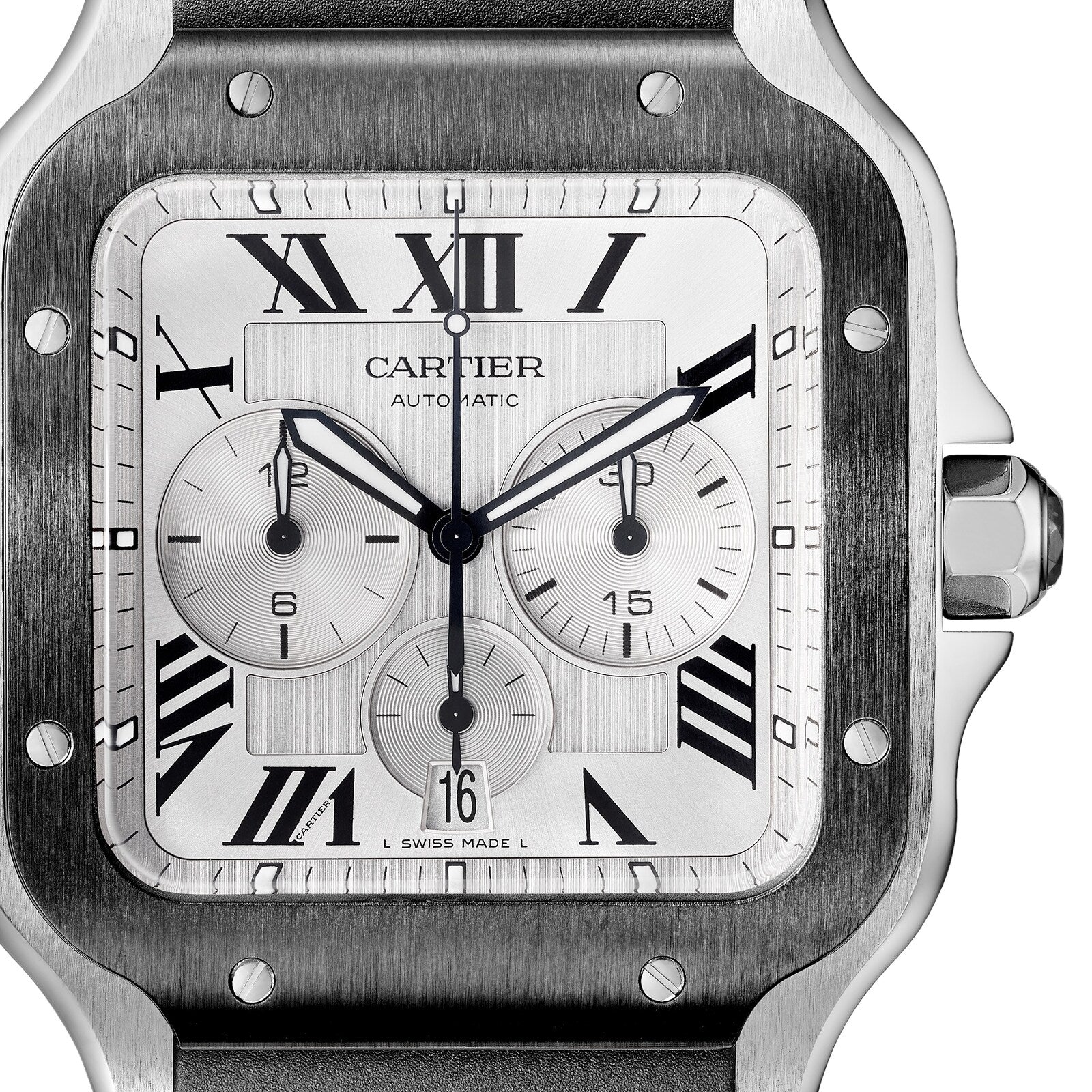 Close-up of the Santos de Cartier Chronograph watch face featuring Roman numerals, three subdials, black hands, and a date window at 6 o’clock in a square stainless steel case with chronograph mechanical movement.