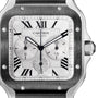 Close-up of the Santos de Cartier Chronograph watch face featuring Roman numerals, three subdials, black hands, and a date window at 6 o’clock in a square stainless steel case with chronograph mechanical movement.