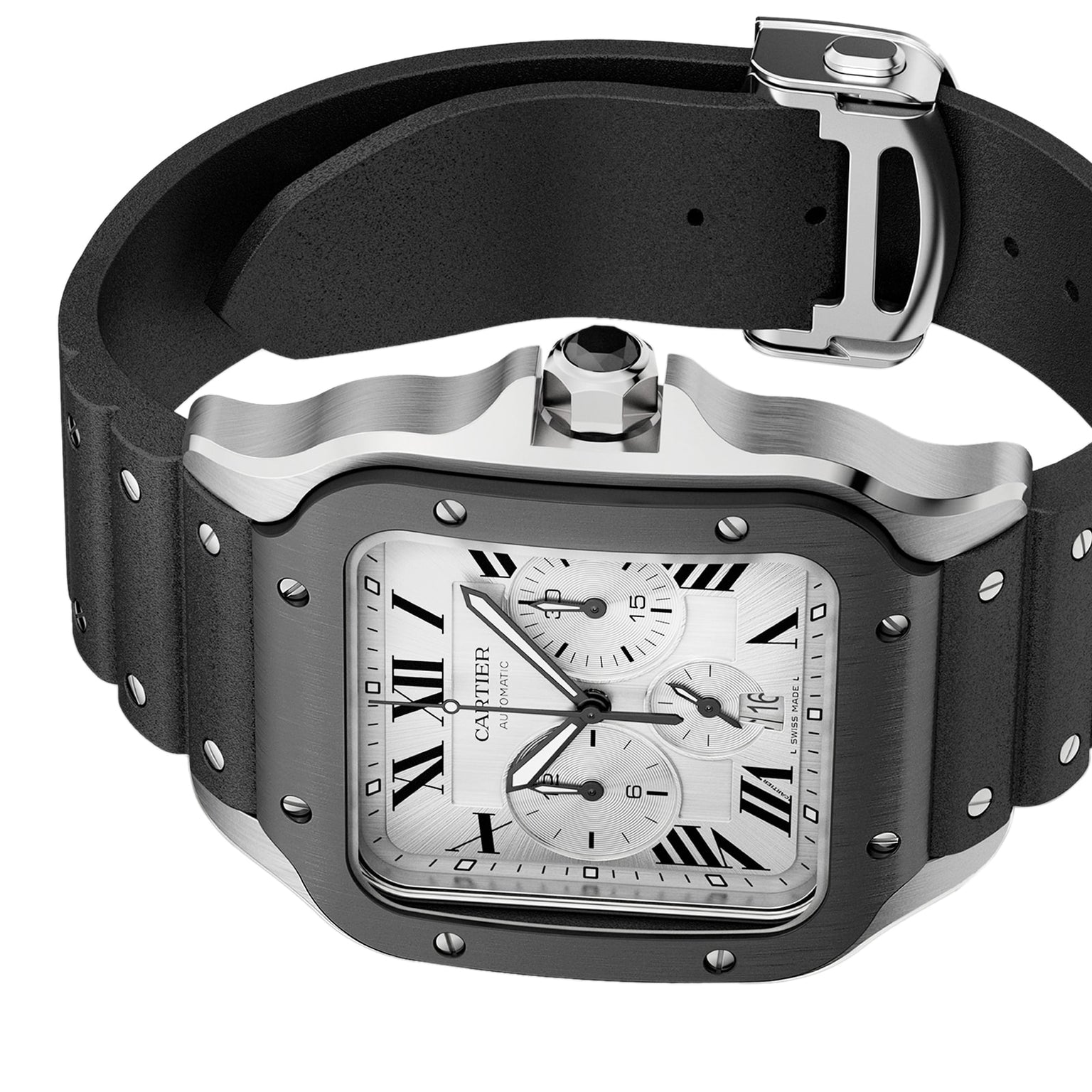 The Santos de Cartier Chronograph by Cartier features a square silver dial, black bezel, chronograph subdials, Roman numerals, and a black rubber strap with metal studs and buckle—highlighting the elegance of the brand.