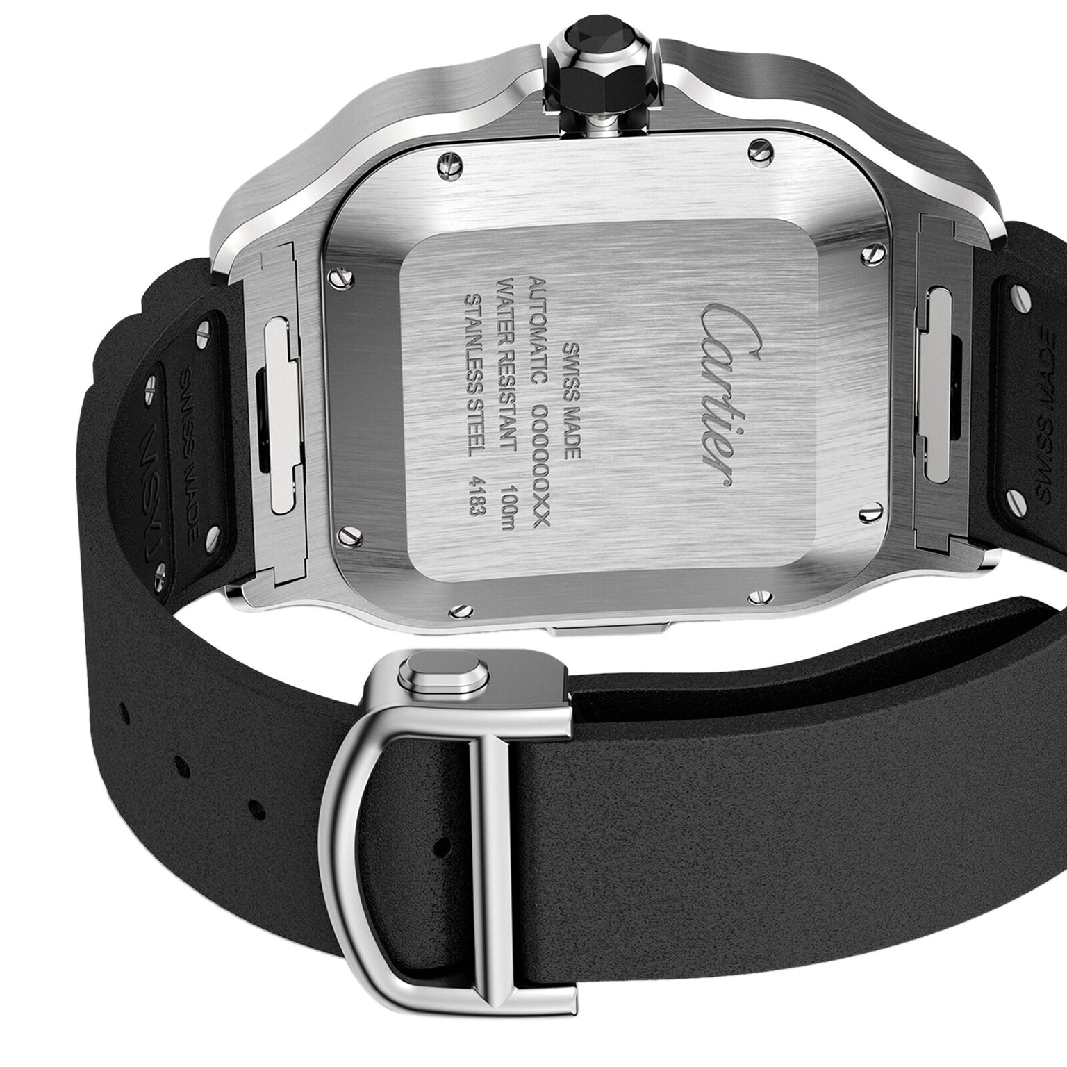 Back view of the Santos de Cartier Chronograph by Cartier, showing its stainless steel case with engraved details and a black rubber strap with metal buckle—highlighting its chronograph mechanical movement.