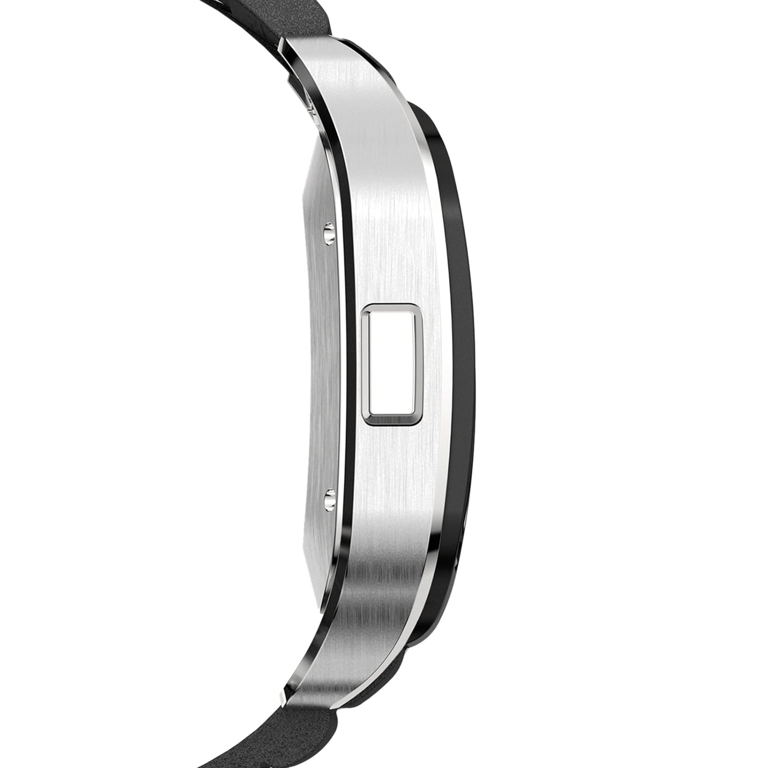 Side view of the Santos de Cartier Chronograph, a stainless steel watch with a rectangular button and black strap, highlighting its brushed metal finish—a refined timepiece from Cartier.