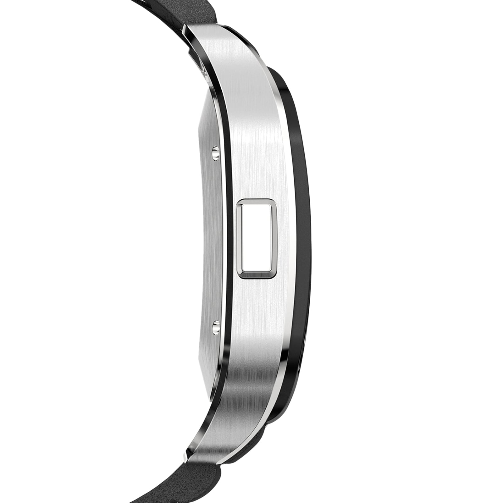 Side view of the Santos de Cartier Chronograph, a stainless steel watch with a rectangular button and black strap, highlighting its brushed metal finish—a refined timepiece from Cartier.