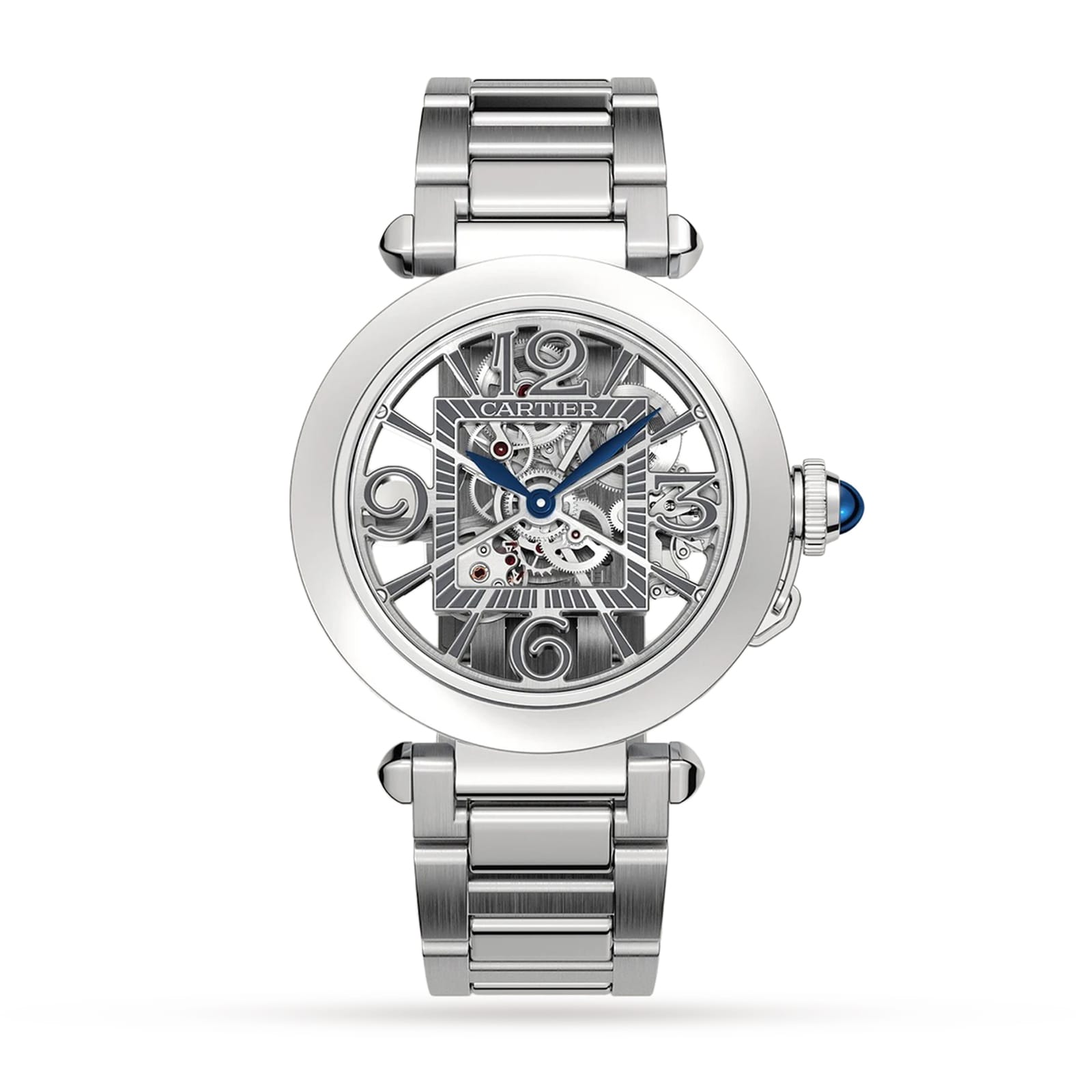 The Cartier Pasha de Cartier Skeleton watch features a round skeleton dial with blue hands, Roman numerals, a metal link bracelet, blue cabochon crown, and SmartLink adjustment for a perfect fit.