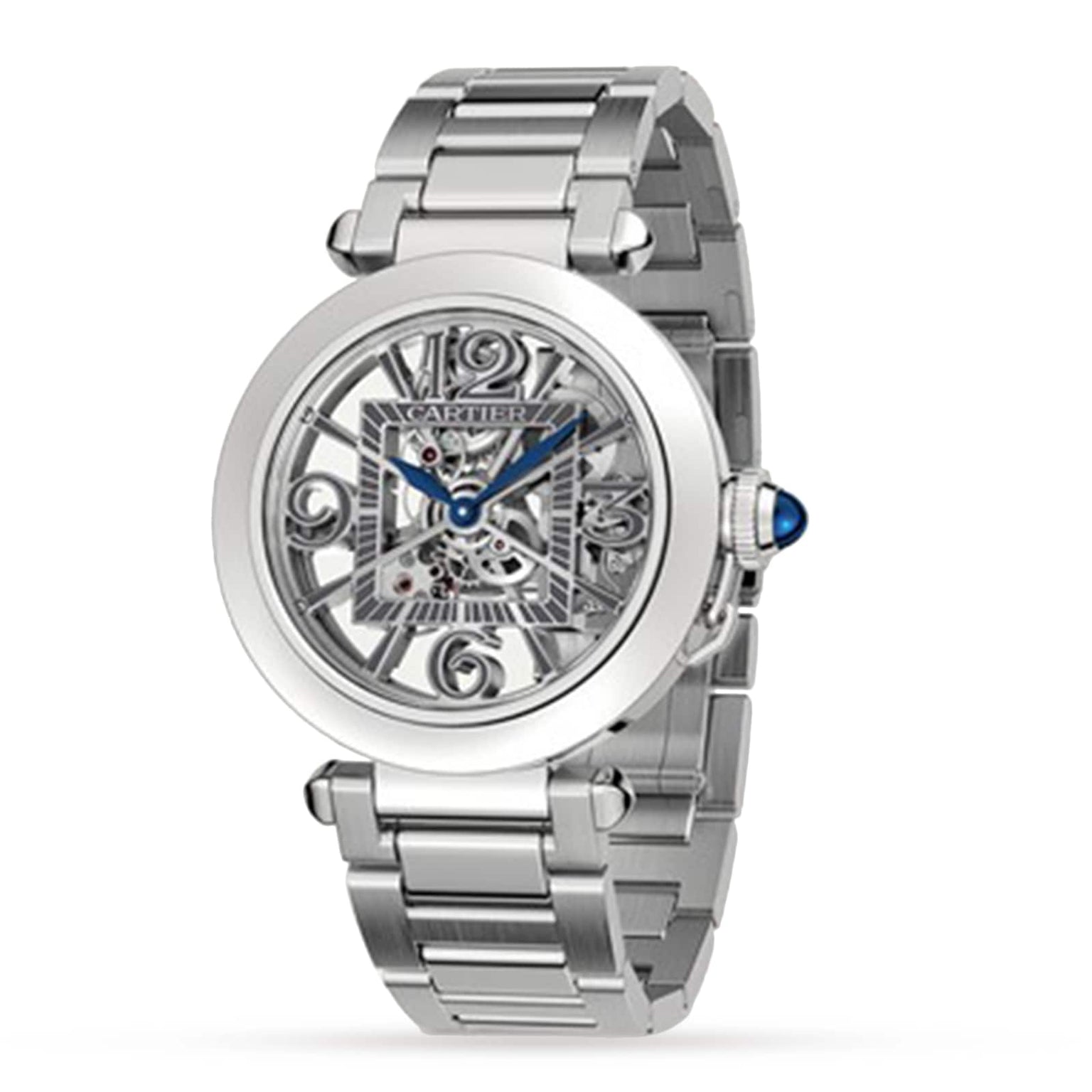The Cartier Pasha de Cartier Skeleton watch features a silver case, skeleton movement, metal bracelet, blue hands, and an exposed mechanism that highlights its intricate gears and components.