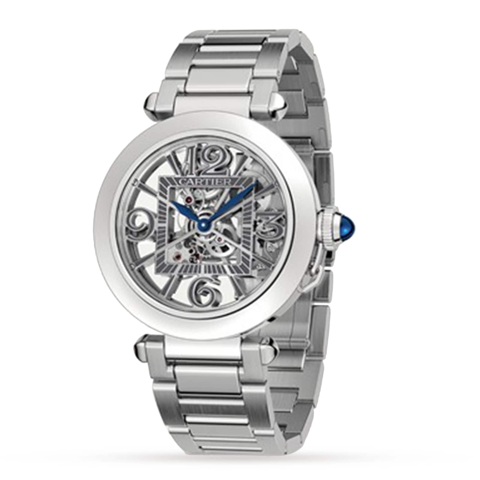 The Cartier Pasha de Cartier Skeleton watch features a silver case, skeleton movement, metal bracelet, blue hands, and an exposed mechanism that highlights its intricate gears and components.