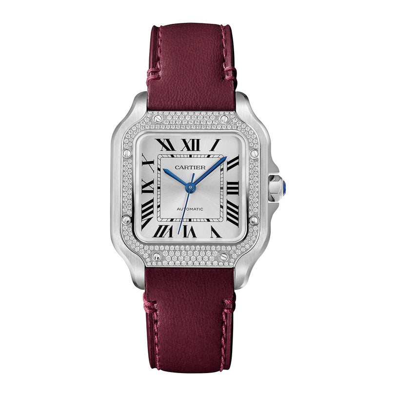 The Santos de Cartier by Cartier impresses with a silver square face, Roman numerals, diamond-set bezel, burgundy leather strap, and automatic winding for effortless elegance.